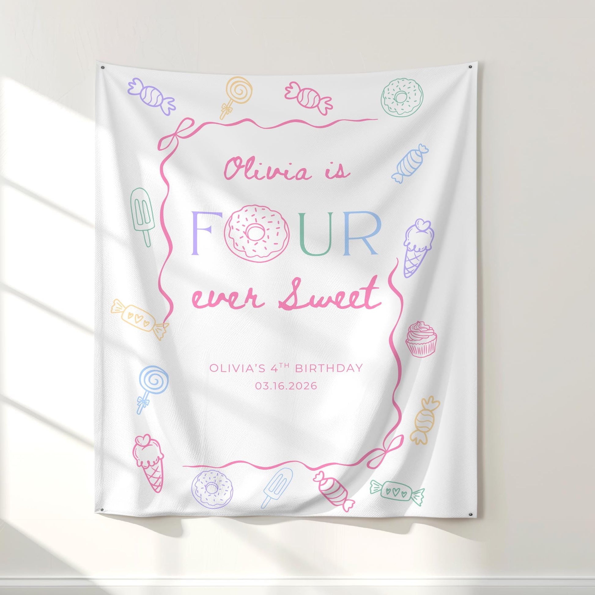 Four Ever Sweet Birthday Personalized Banner Girl 4thd Birthday Dessert Theme Invite Candy Donut Sweets fourth Birthday Welcome Sign