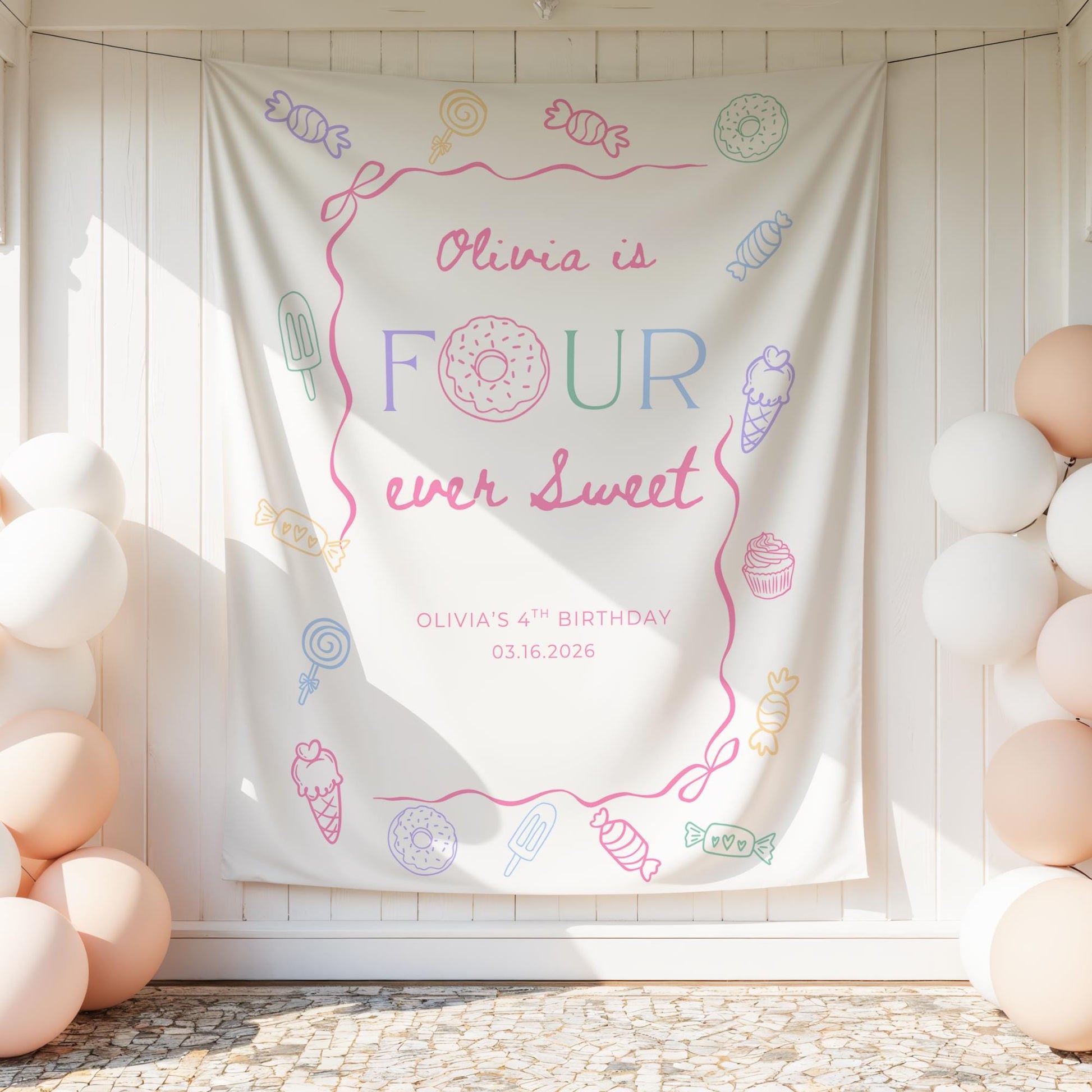 Four Ever Sweet Birthday Personalized Banner Girl 4thd Birthday Dessert Theme Invite Candy Donut Sweets fourth Birthday Welcome Sign
