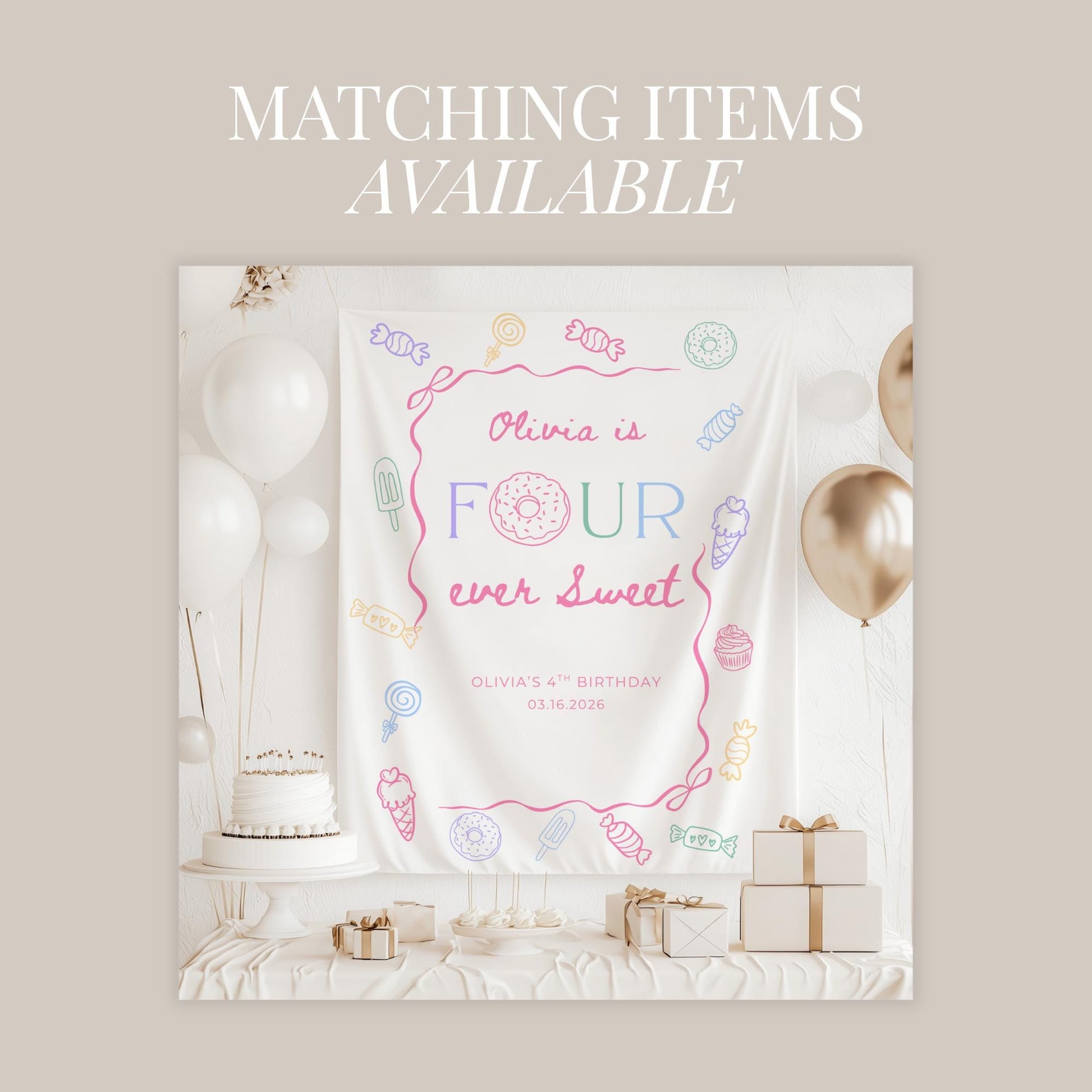 Four Ever Sweet Birthday Invitation Girl Fourth Birthday Dessert Theme Invite Candy Donut Ice Cream Sweets Party Editable 4th Birthday Canva