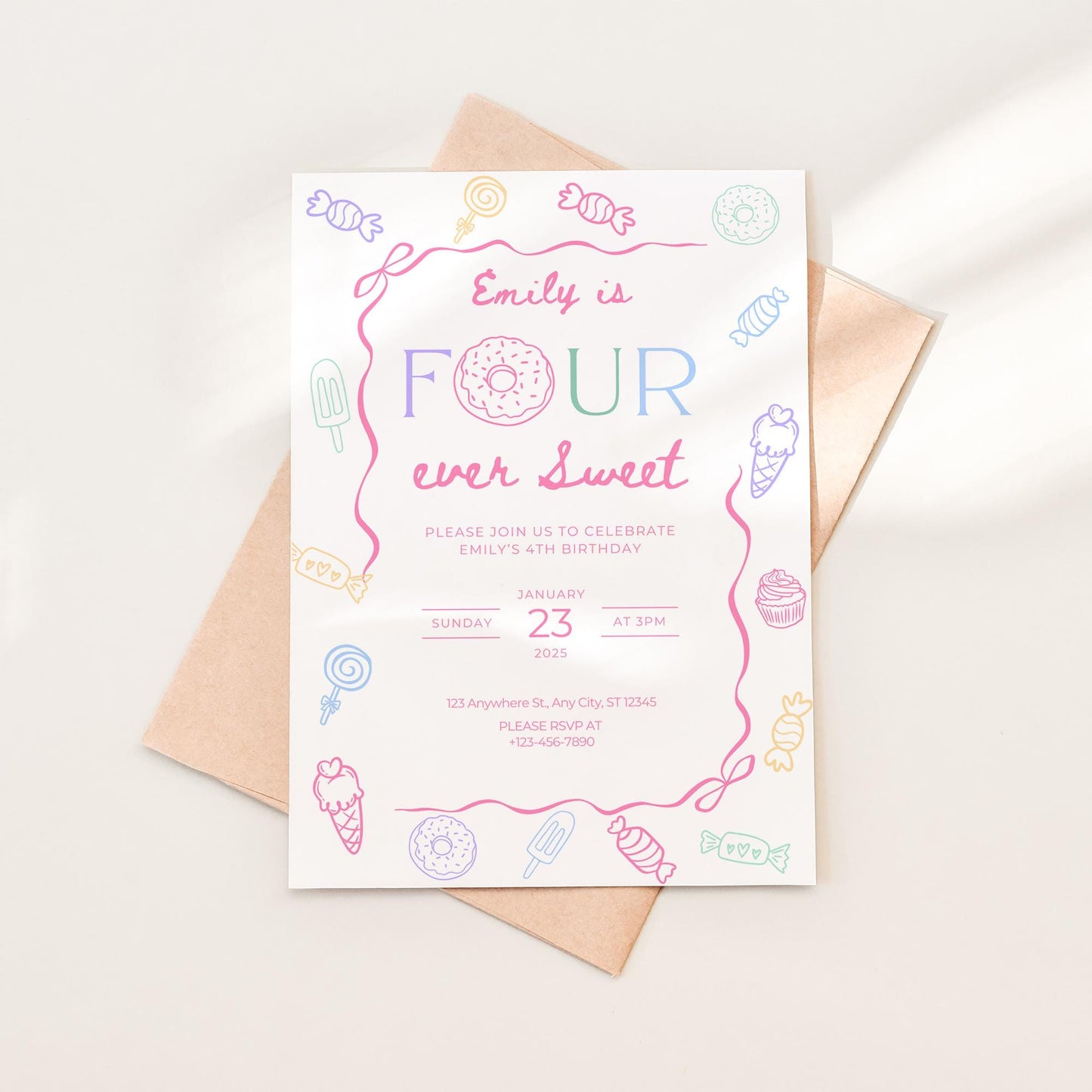 Four Ever Sweet Birthday Invitation Girl Fourth Birthday Dessert Theme Invite Candy Donut Ice Cream Sweets Party Editable 4th Birthday Canva