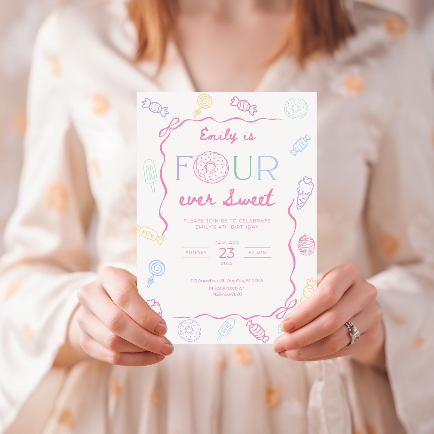 Four Ever Sweet Birthday Invitation Girl Fourth Birthday Dessert Theme Invite Candy Donut Ice Cream Sweets Party Editable 4th Birthday Canva