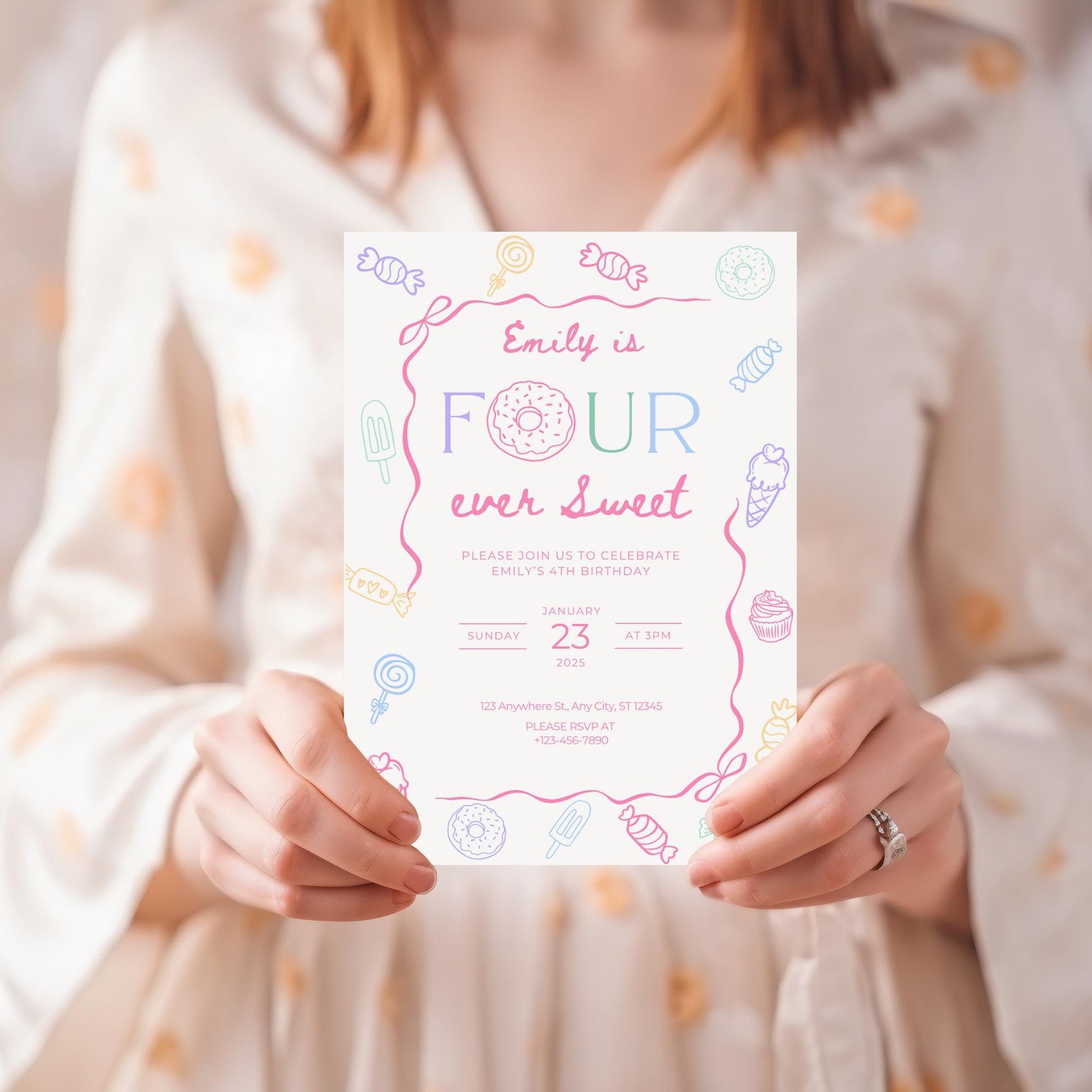 Four Ever Sweet Birthday Invitation Girl Fourth Birthday Dessert Theme Invite Candy Donut Ice Cream Sweets Party Editable 4th Birthday Canva