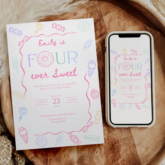 Four Ever Sweet Birthday Invitation Girl Fourth Birthday Dessert Theme Invite Candy Donut Ice Cream Sweets Party Editable 4th Birthday Canva