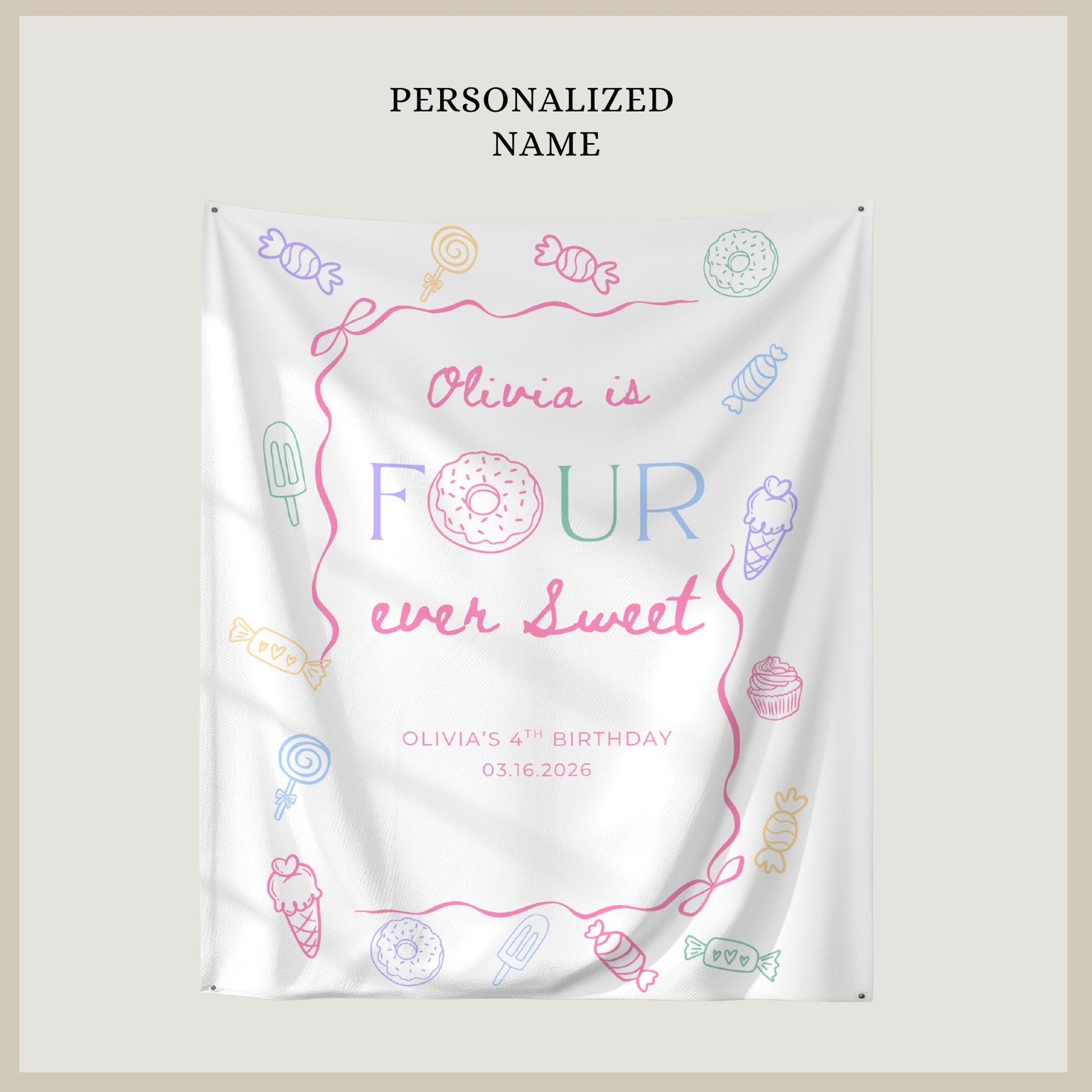 Four Ever Sweet Birthday Personalized Banner Girl 4thd Birthday Dessert Theme Invite Candy Donut Sweets fourth Birthday Welcome Sign