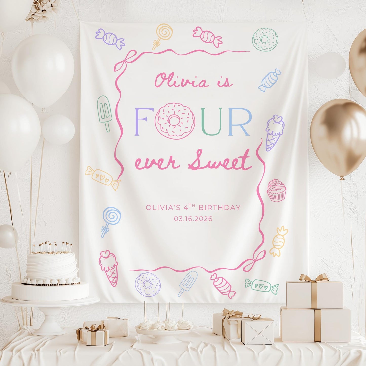 Four Ever Sweet Birthday Personalized Banner Girl 4thd Birthday Dessert Theme Invite Candy Donut Sweets fourth Birthday Welcome Sign