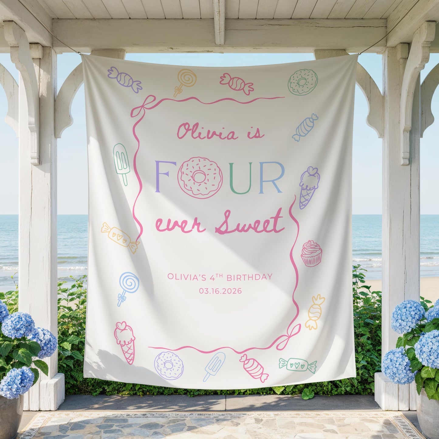 Four Ever Sweet Birthday Personalized Banner Girl 4thd Birthday Dessert Theme Invite Candy Donut Sweets fourth Birthday Welcome Sign