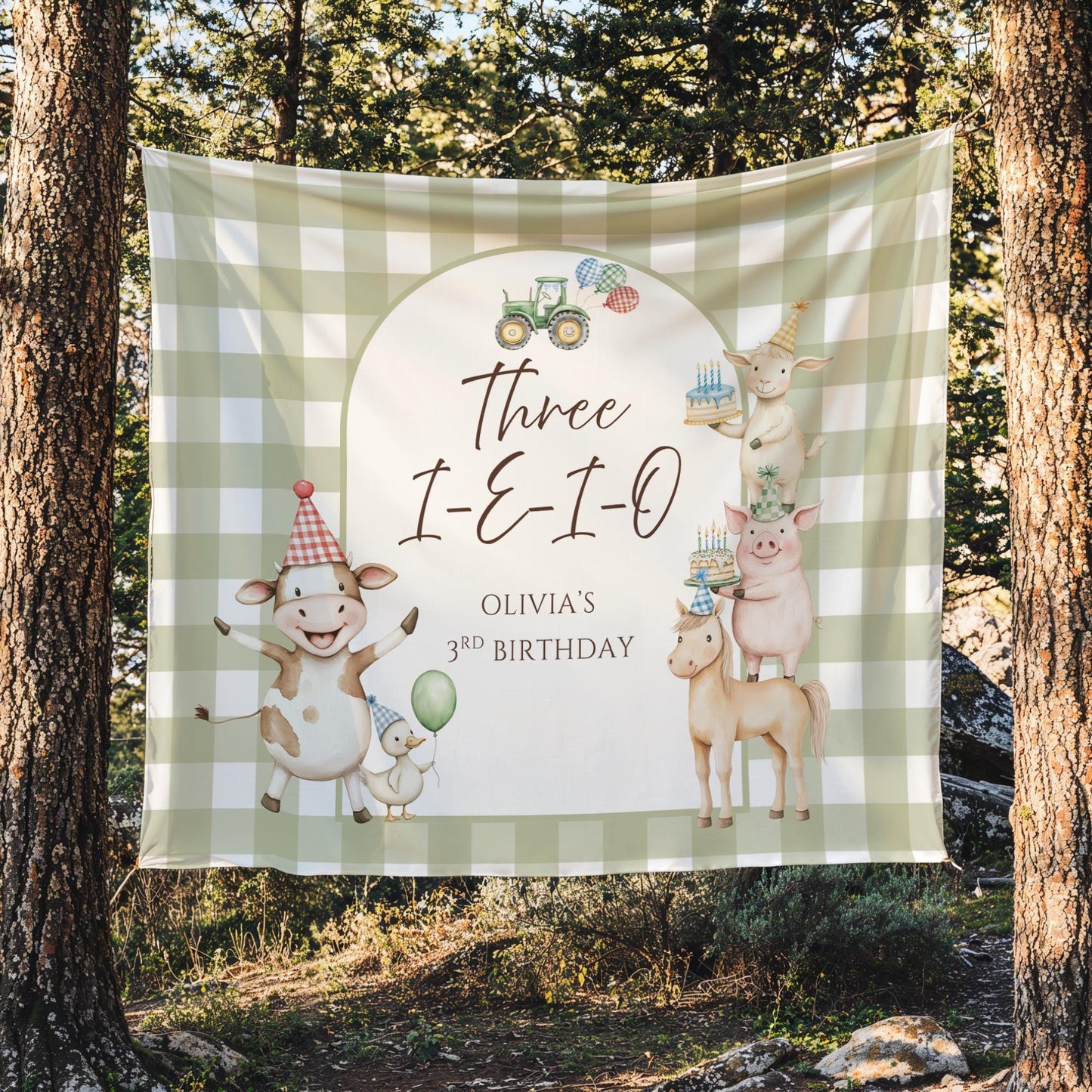 Three I E I O Farm Birthday Personalized Banner 3rd Birthday Farm Animals Party Decor Photo Backdrop Barnyard Custom Sign