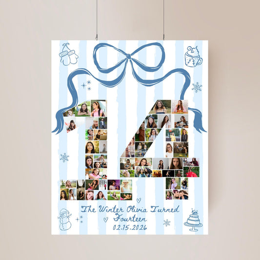 The Winter I turned 14 Birthday Welcome Sign Custom Party Photo Collage Christmas Birthday Template Teen Girl Party Supplies Fourteen
