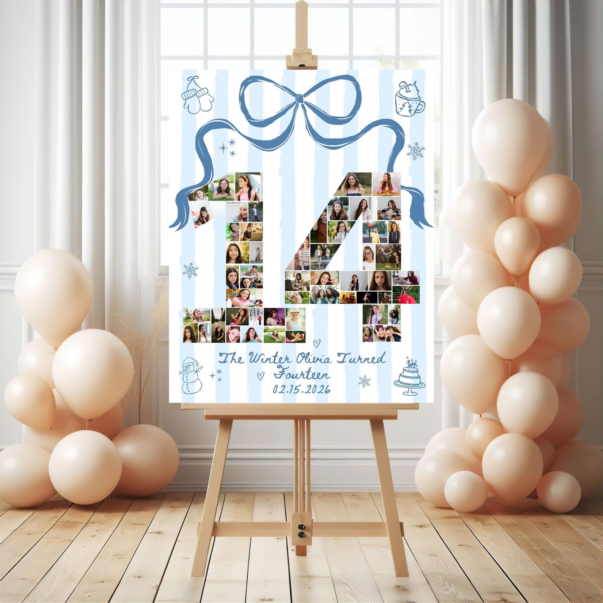 The Winter I turned 14 Birthday Welcome Sign Custom Party Photo Collage Christmas Birthday Template Teen Girl Party Supplies Fourteen