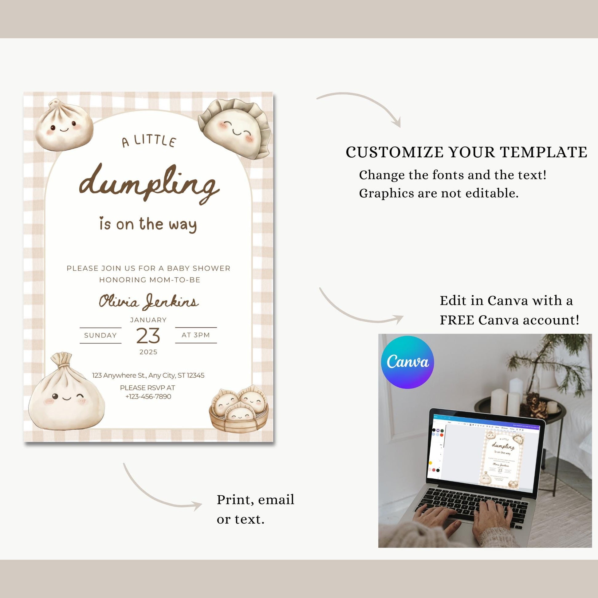 Dumpling Baby Shower Invitation Little Dumpling on the way Invite Dim Sum Baby Shower Gender Neutral Editable template Gender Reveal Party