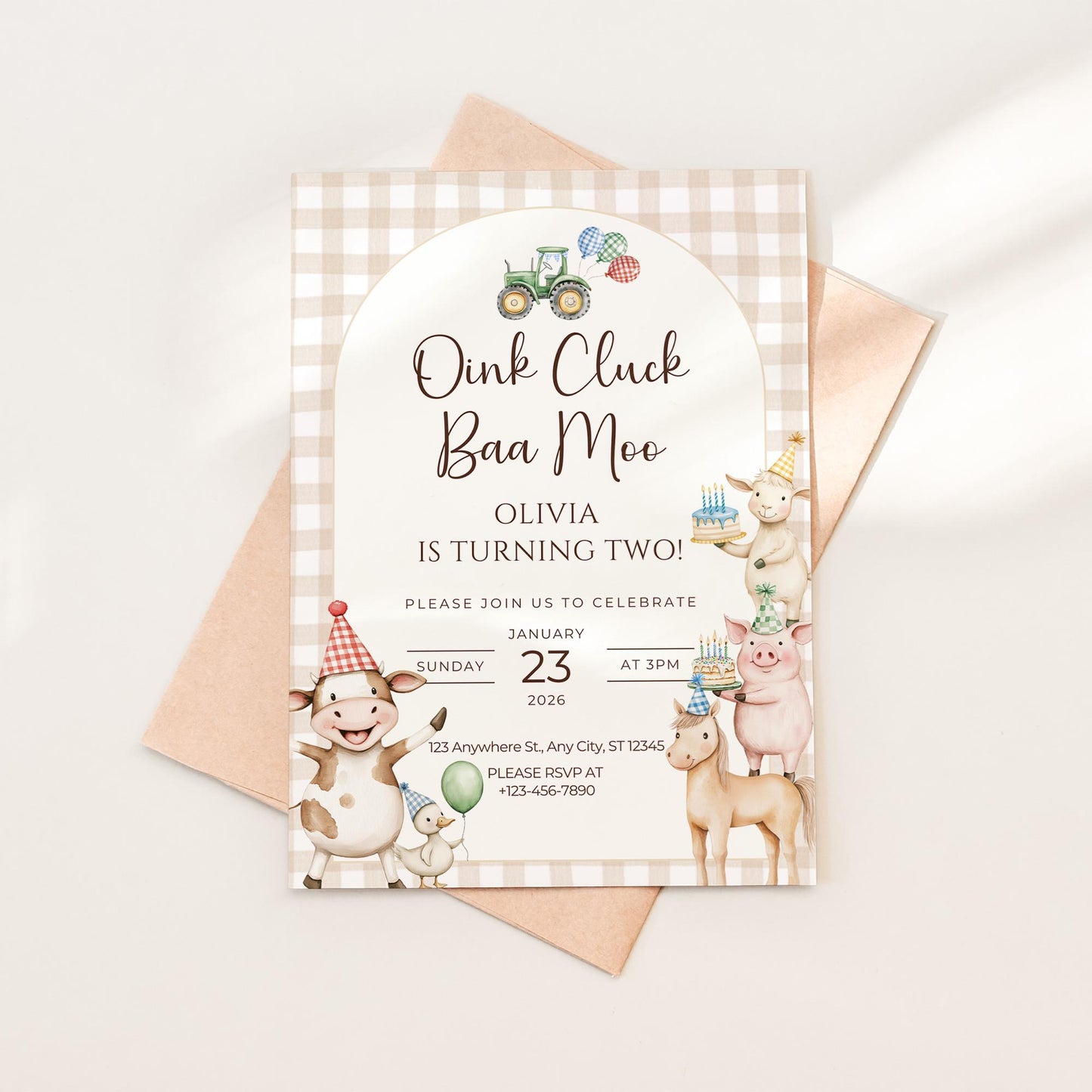 Oink Baa Moo Turning Two Birthday Invitation Editable Farm Animal Party Invite Barnyard Pig Cow Sheep Tractor Template 2nd Birthday Evite