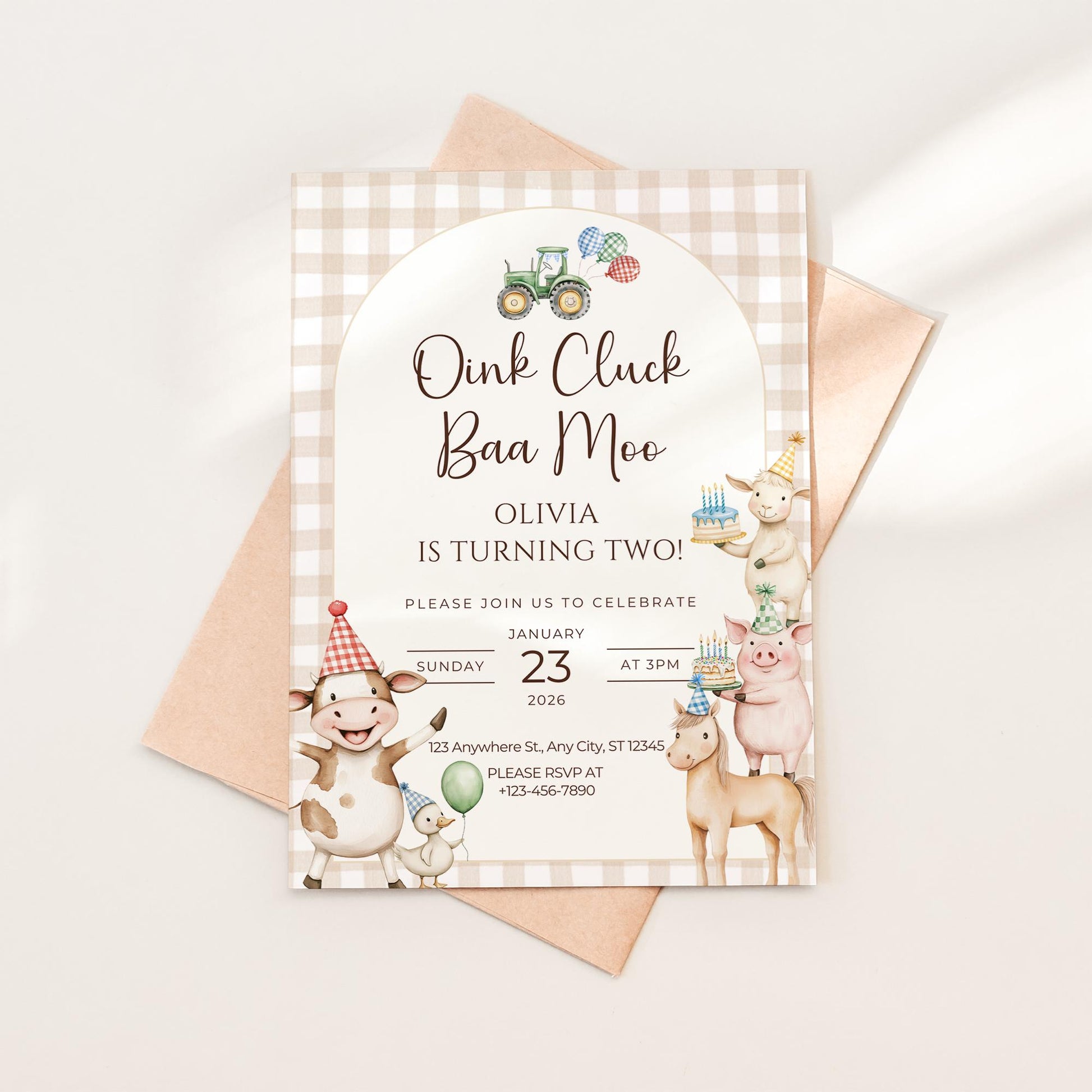Oink Baa Moo Turning Two Birthday Invitation Editable Farm Animal Party Invite Barnyard Pig Cow Sheep Tractor Template 2nd Birthday Evite
