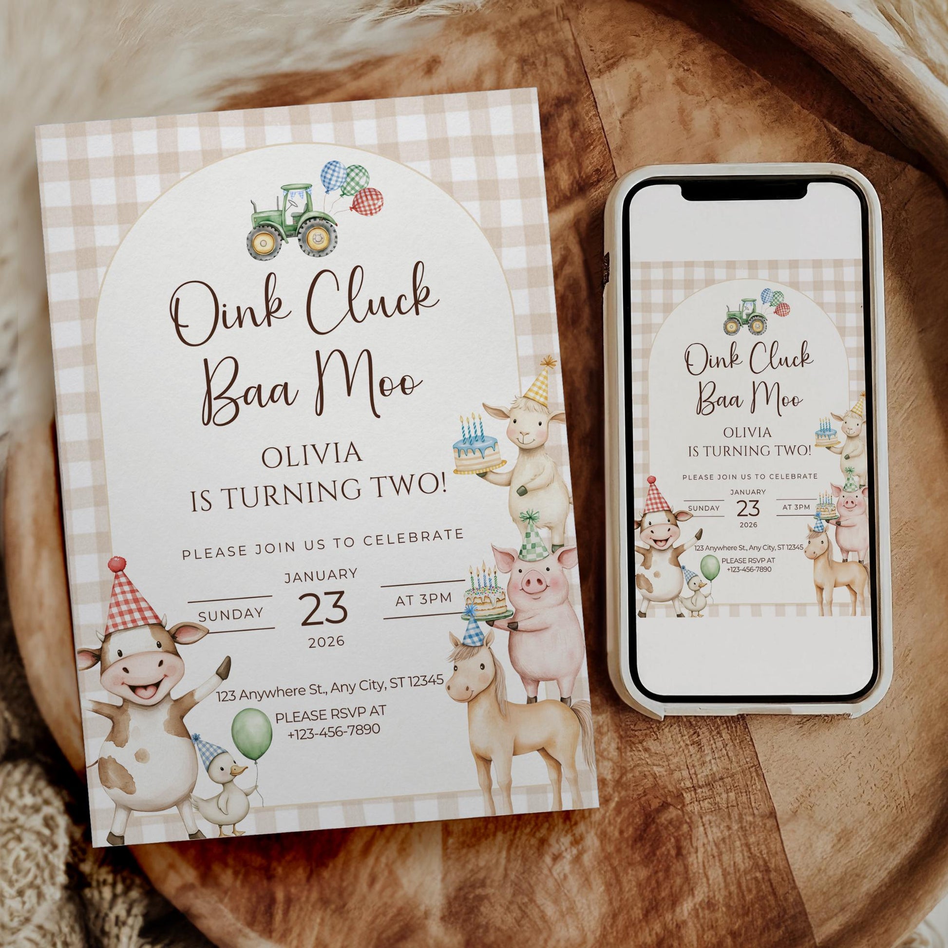 Oink Baa Moo Turning Two Birthday Invitation Editable Farm Animal Party Invite Barnyard Pig Cow Sheep Tractor Template 2nd Birthday Evite