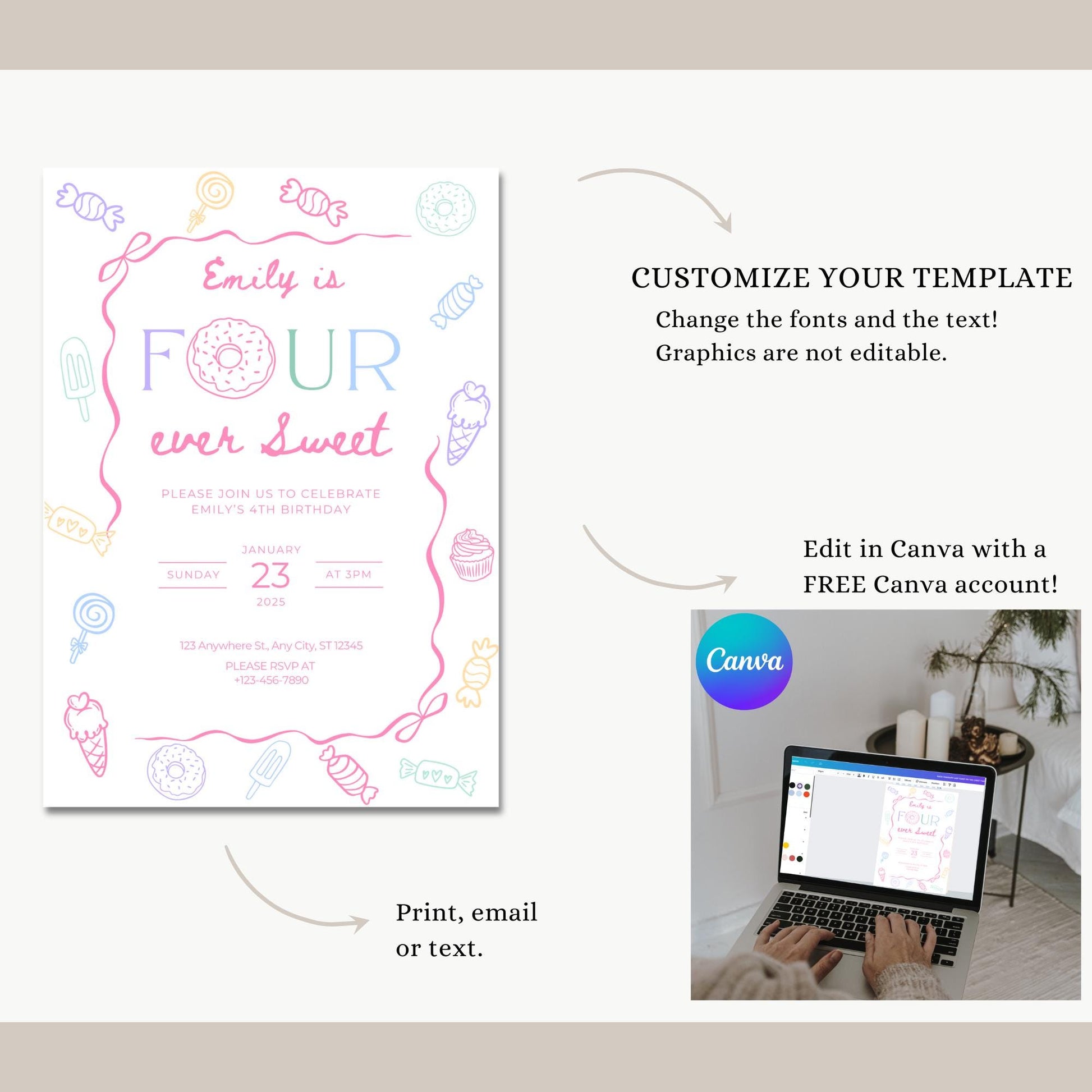 Four Ever Sweet Birthday Invitation Girl Fourth Birthday Dessert Theme Invite Candy Donut Ice Cream Sweets Party Editable 4th Birthday Canva