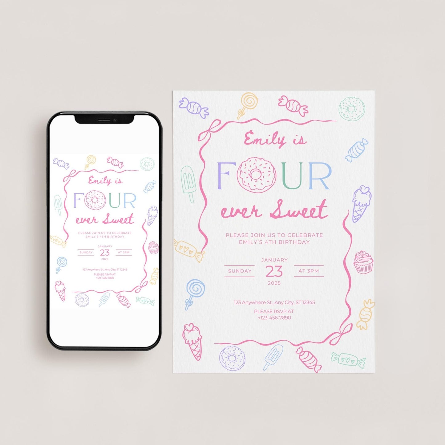 Four Ever Sweet Birthday Invitation Girl Fourth Birthday Dessert Theme Invite Candy Donut Ice Cream Sweets Party Editable 4th Birthday Canva