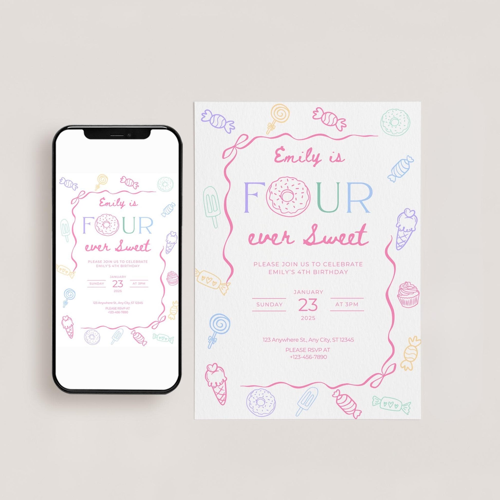 Four Ever Sweet Birthday Invitation Girl Fourth Birthday Dessert Theme Invite Candy Donut Ice Cream Sweets Party Editable 4th Birthday Canva