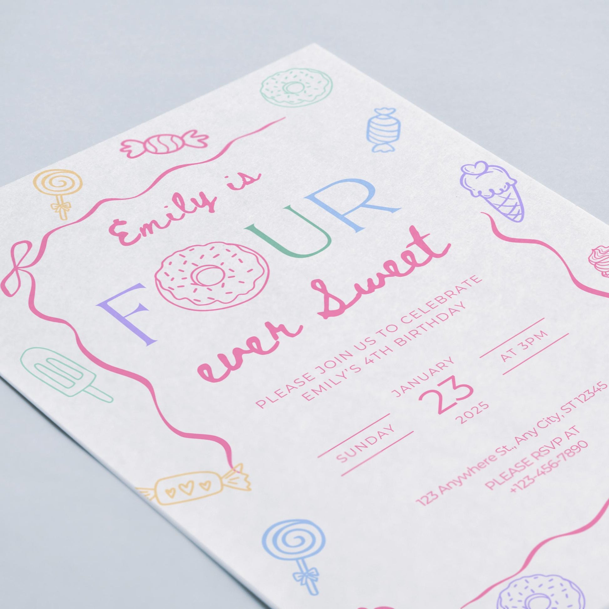 Four Ever Sweet Birthday Invitation Girl Fourth Birthday Dessert Theme Invite Candy Donut Ice Cream Sweets Party Editable 4th Birthday Canva
