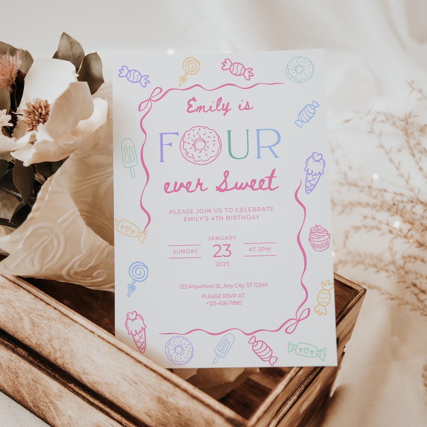 Four Ever Sweet Birthday Invitation Girl Fourth Birthday Dessert Theme Invite Candy Donut Ice Cream Sweets Party Editable 4th Birthday Canva