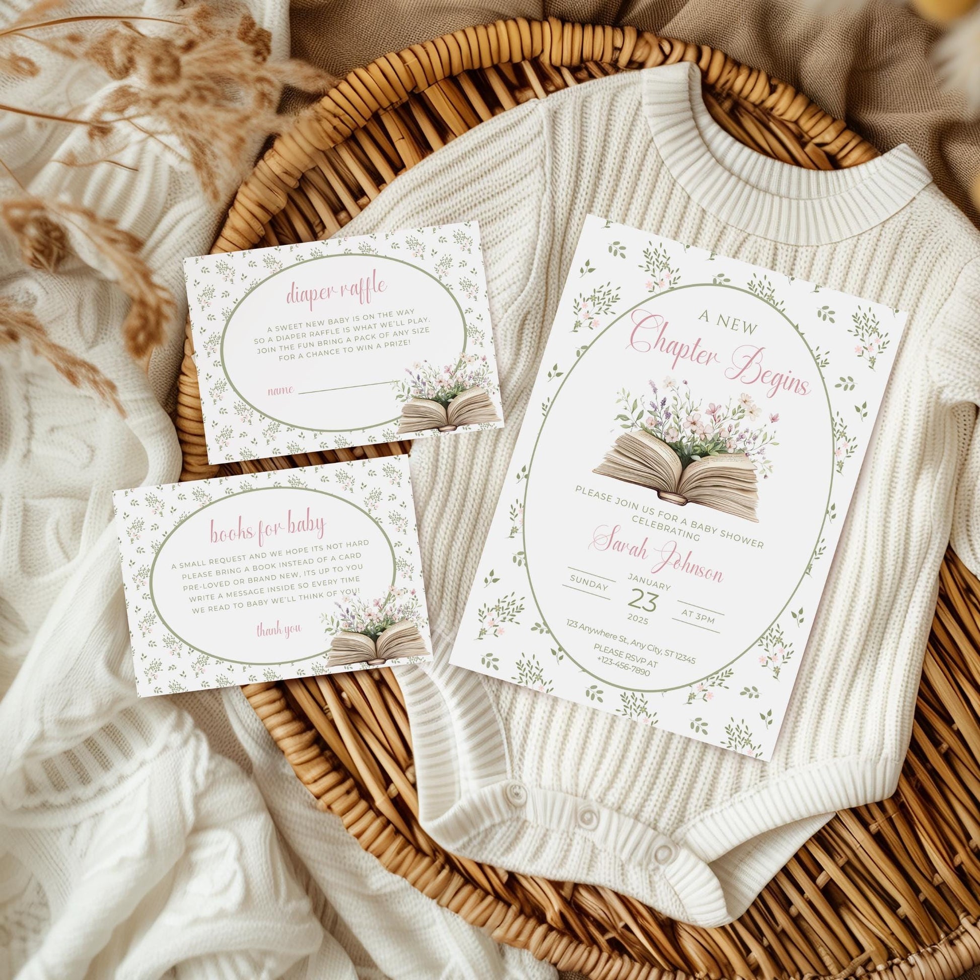 A New Chapter Begins Baby Shower Invitation Story Book Baby Shower Invite Book Theme Baby shower Decor Floral Books for Baby Raffle Cards