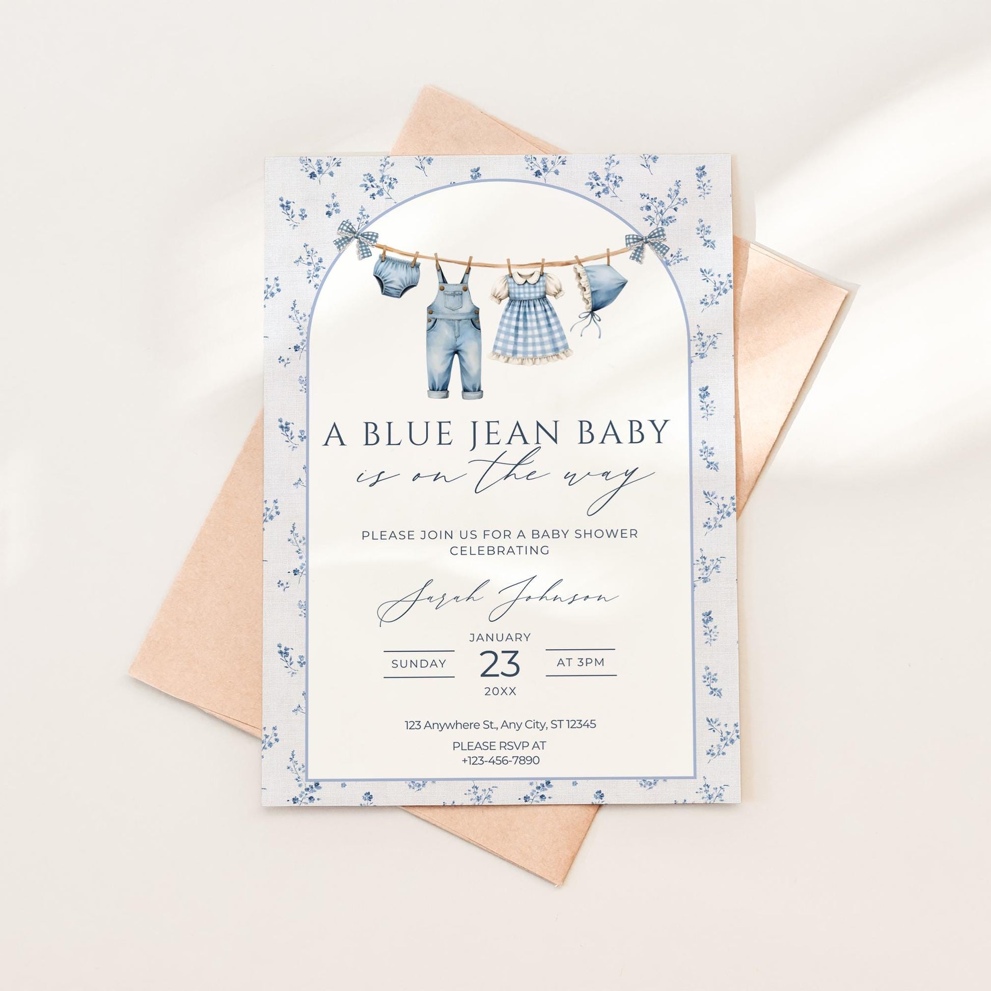 Blue Jean Baby Shower Invitation Floral Baby Sprinkle Invite Denim Baby Shower Cowboy Baby Shower Editable Baby Shower Invitation Template