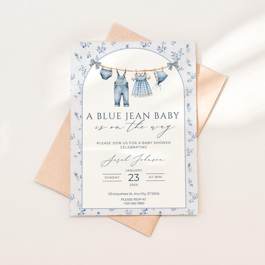 Blue Jean Baby Shower Invitation Floral Baby Sprinkle Invite Denim Baby Shower Cowboy Baby Shower Editable Baby Shower Invitation Template