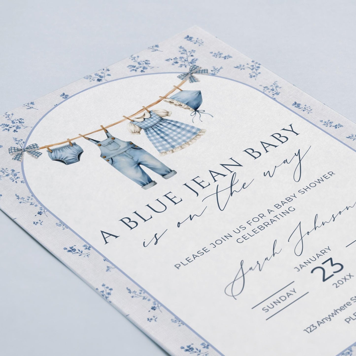 Blue Jean Baby Shower Invitation Floral Baby Sprinkle Invite Denim Baby Shower Cowboy Baby Shower Editable Baby Shower Invitation Template