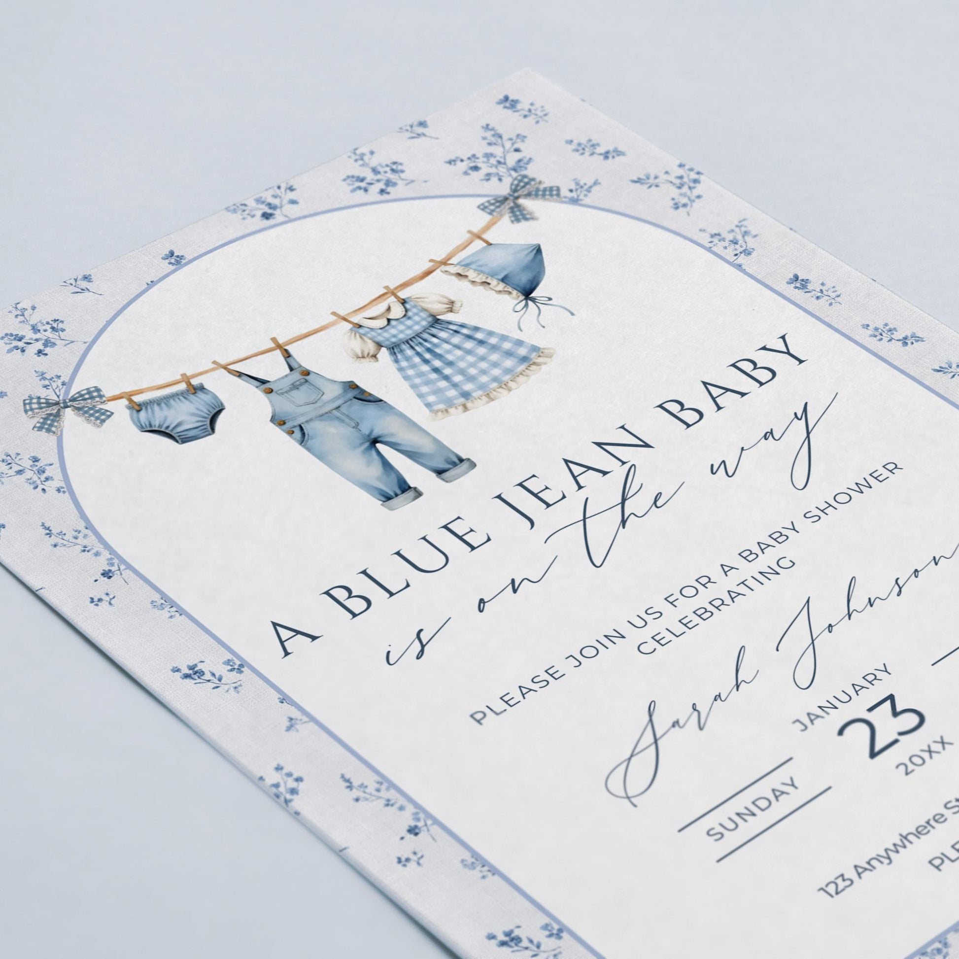 Blue Jean Baby Shower Invitation Floral Baby Sprinkle Invite Denim Baby Shower Cowboy Baby Shower Editable Baby Shower Invitation Template