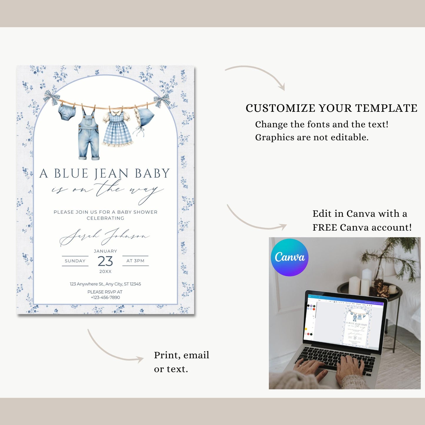 Blue Jean Baby Shower Invitation Floral Baby Sprinkle Invite Denim Baby Shower Cowboy Baby Shower Editable Baby Shower Invitation Template