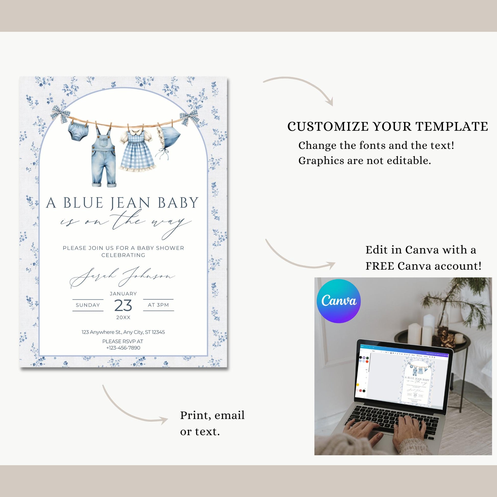Blue Jean Baby Shower Invitation Floral Baby Sprinkle Invite Denim Baby Shower Cowboy Baby Shower Editable Baby Shower Invitation Template