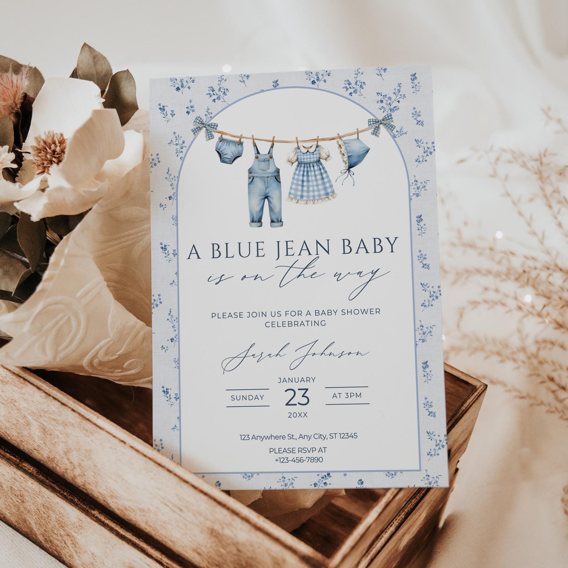Blue Jean Baby Shower Invitation Floral Baby Sprinkle Invite Denim Baby Shower Cowboy Baby Shower Editable Baby Shower Invitation Template