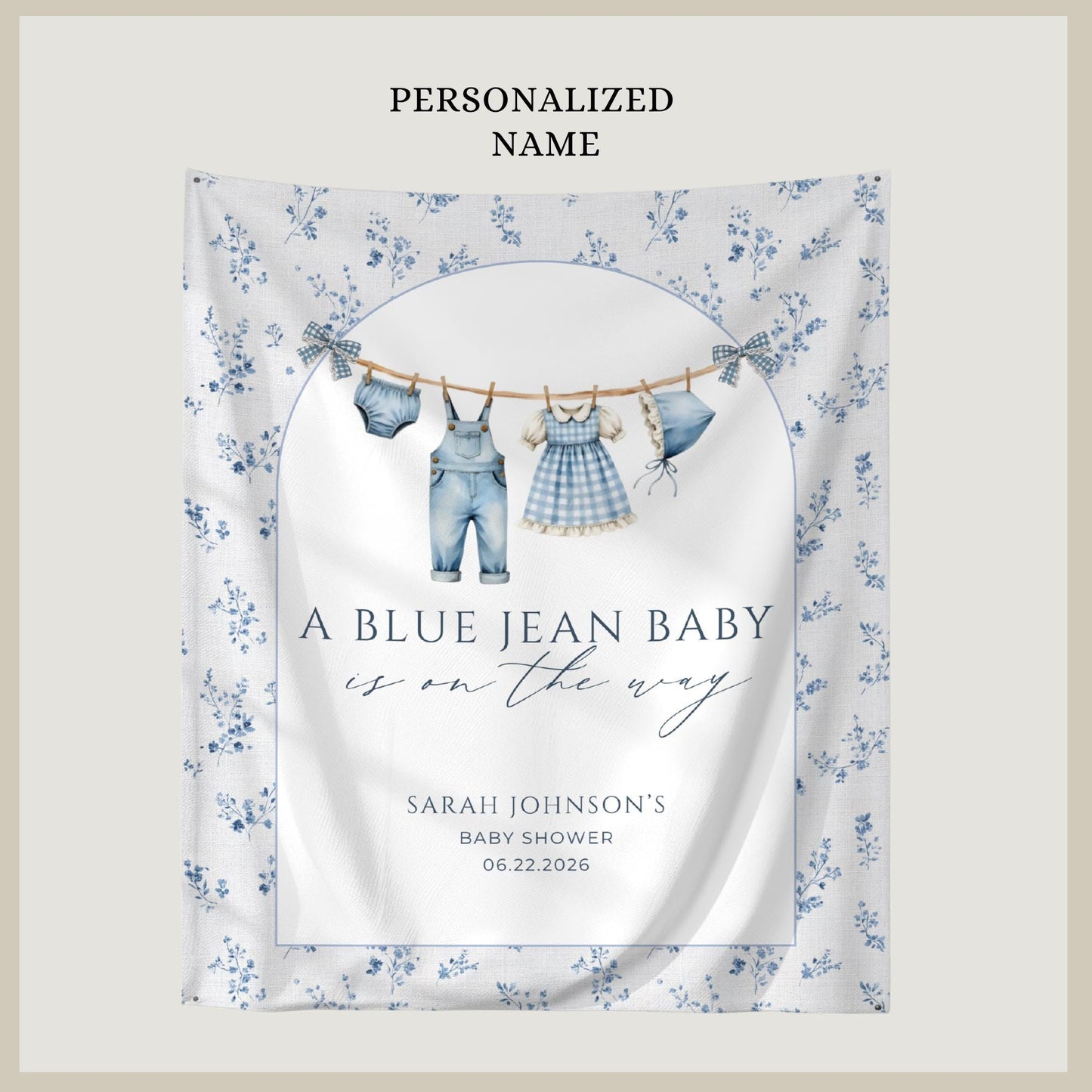 Blue Jean Baby Shower Personalized Banner Denim Baby Sprinkle Decor Photo Backdrop Custom Banner Floral Cowboy Baby Shower Ideas