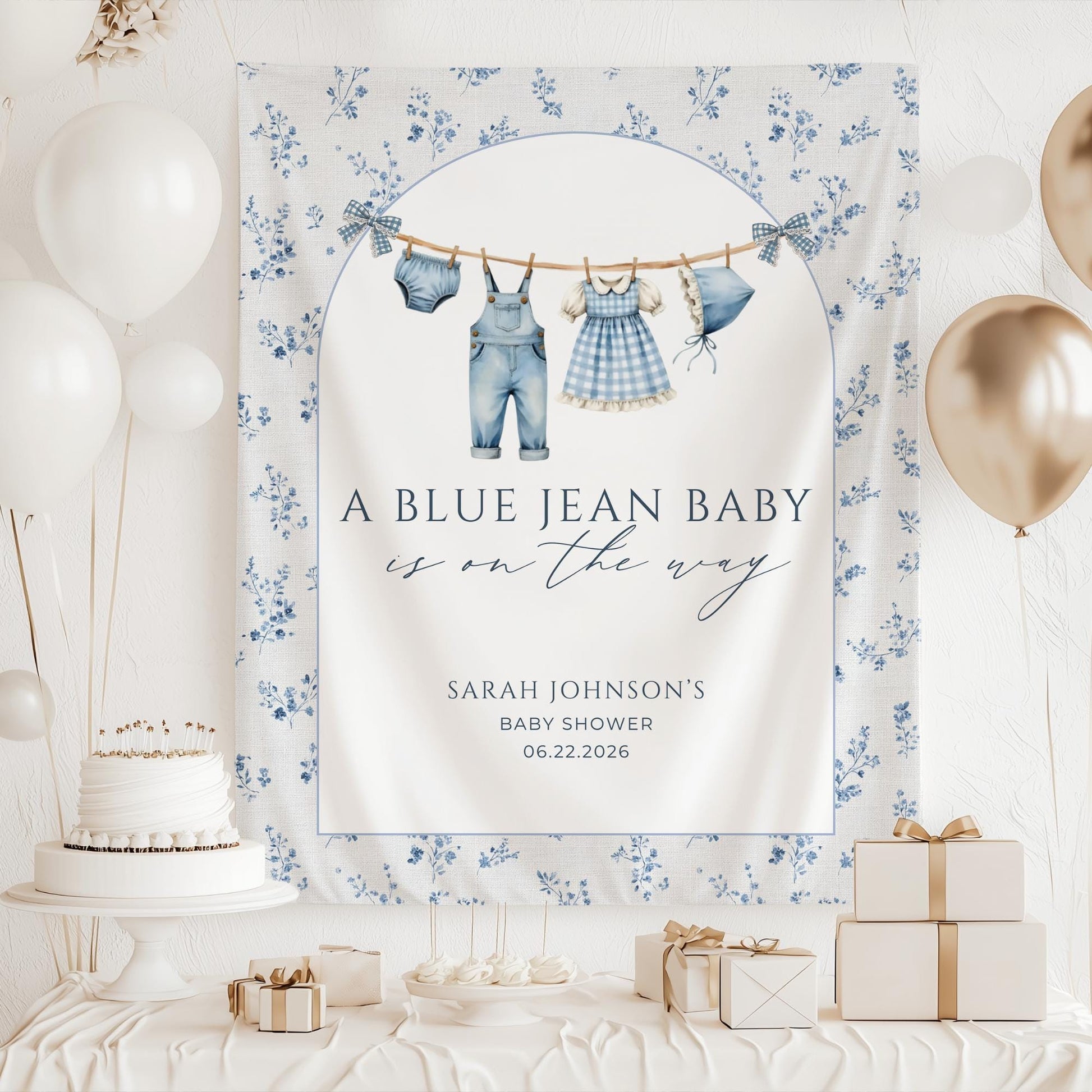 Blue Jean Baby Shower Personalized Banner Denim Baby Sprinkle Decor Photo Backdrop Custom Banner Floral Cowboy Baby Shower Ideas