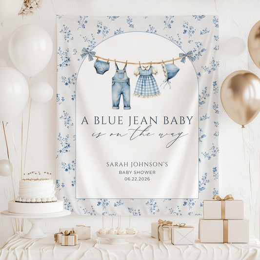 Blue Jean Baby Shower Personalized Banner Denim Baby Sprinkle Decor Photo Backdrop Custom Banner Floral Cowboy Baby Shower Ideas