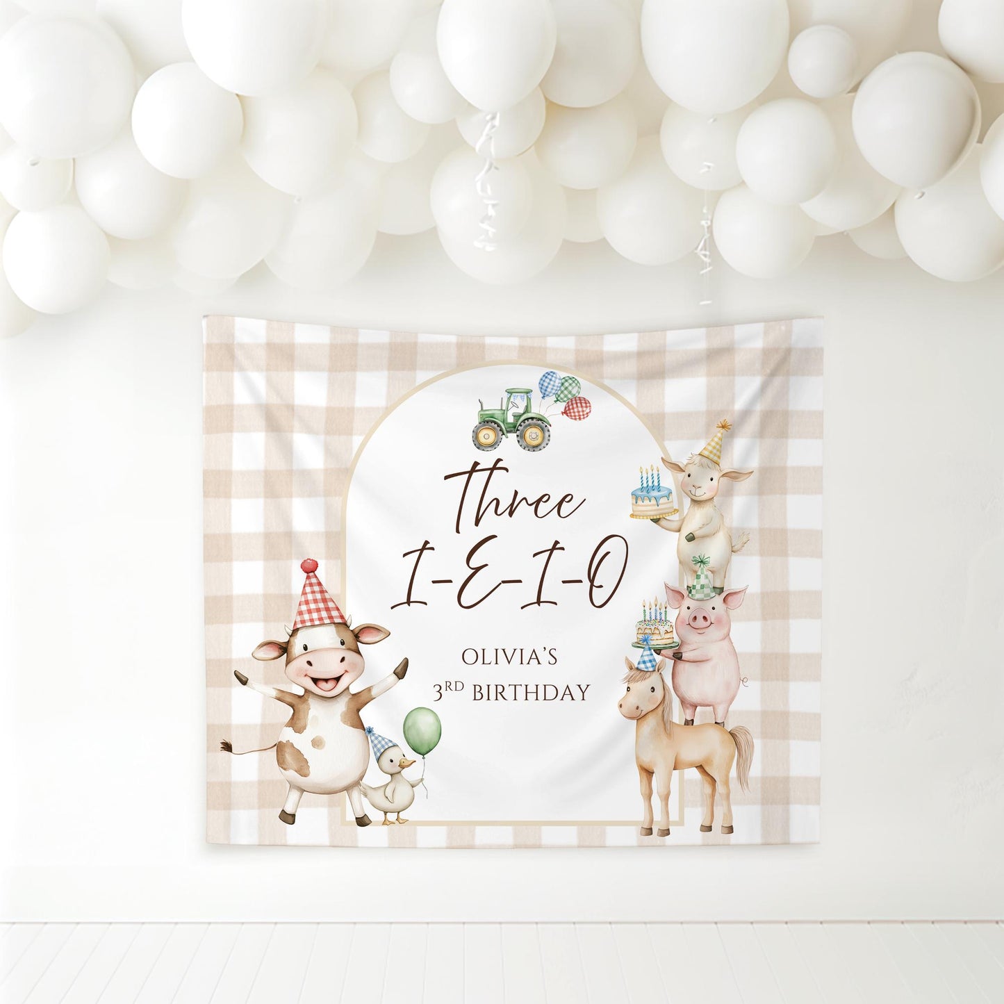Three I E I O Farm Birthday Personalized Banner 3rd Birthday Farm Animals Party Decor Photo Backdrop Barnyard Custom Sign