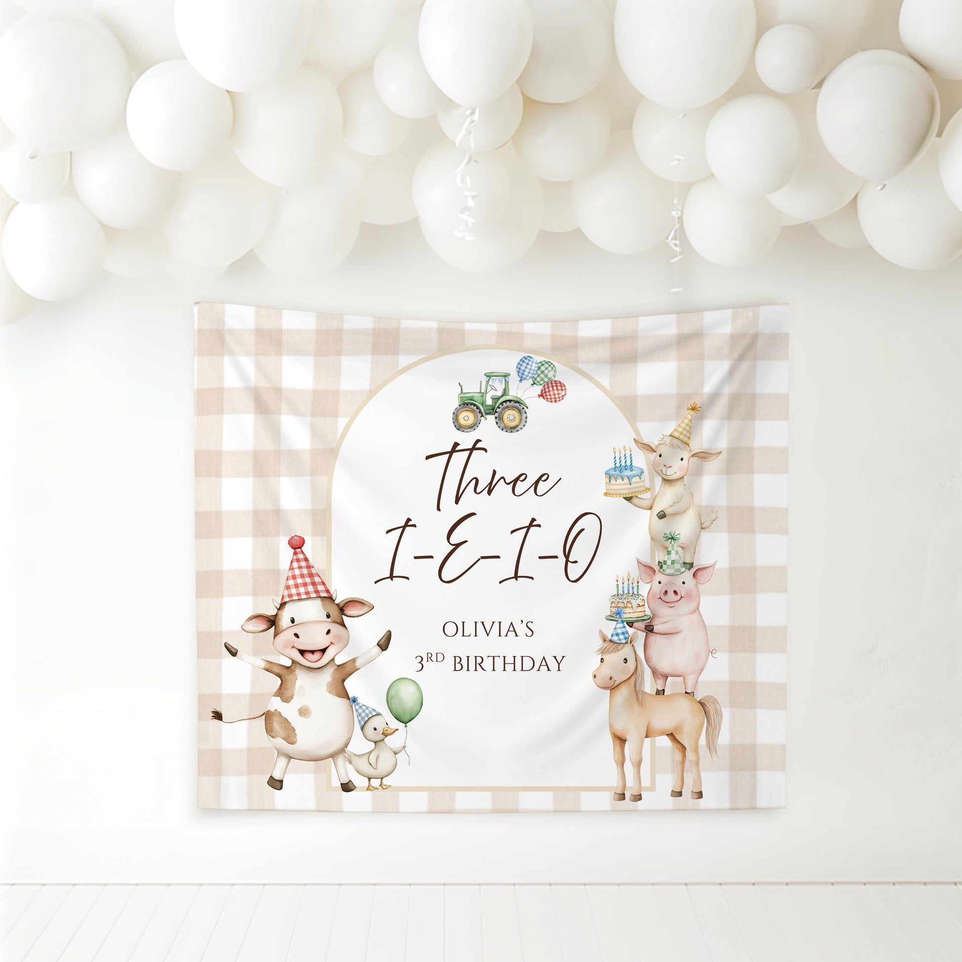 Three I E I O Farm Birthday Personalized Banner 3rd Birthday Farm Animals Party Decor Photo Backdrop Barnyard Custom Sign