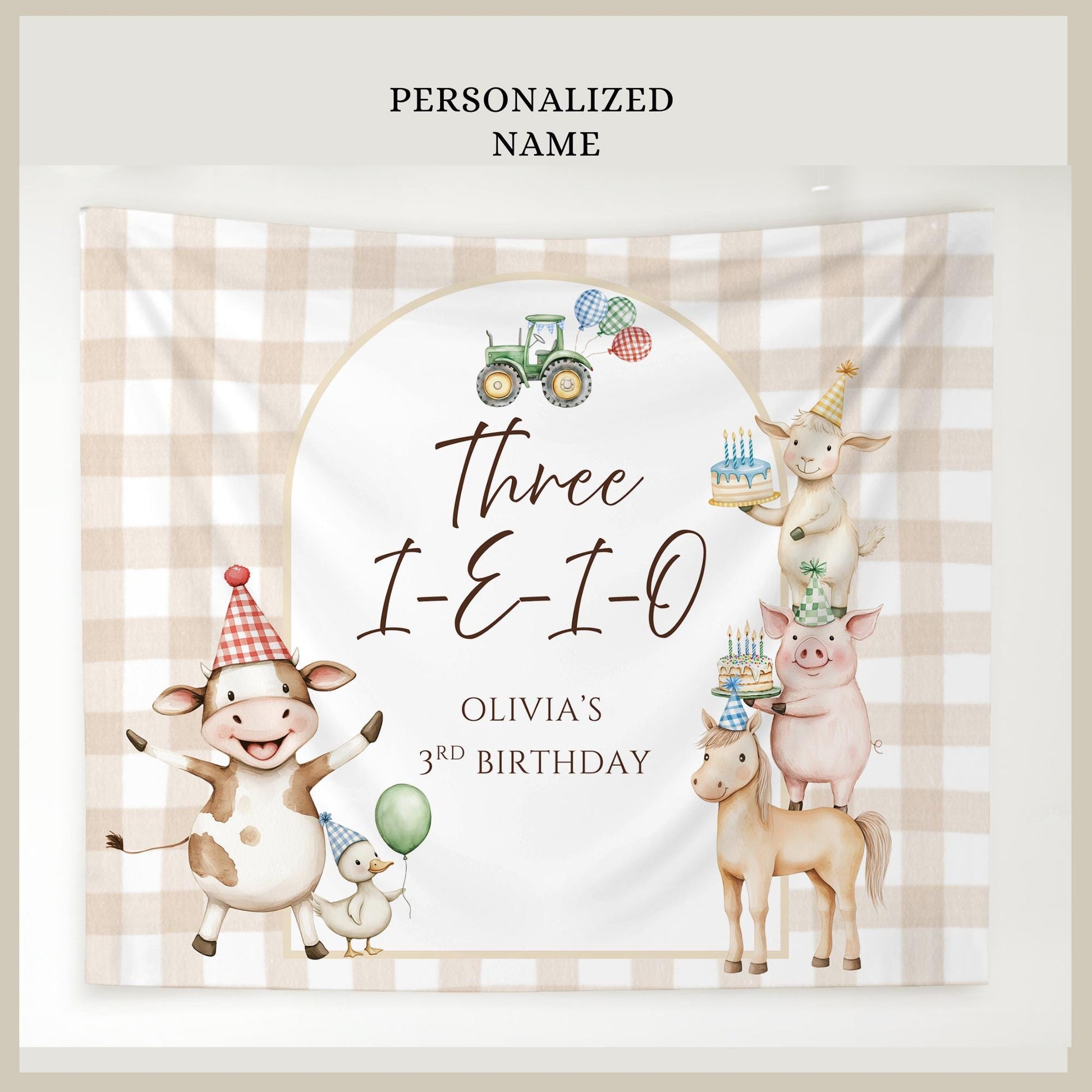 Three I E I O Farm Birthday Personalized Banner 3rd Birthday Farm Animals Party Decor Photo Backdrop Barnyard Custom Sign