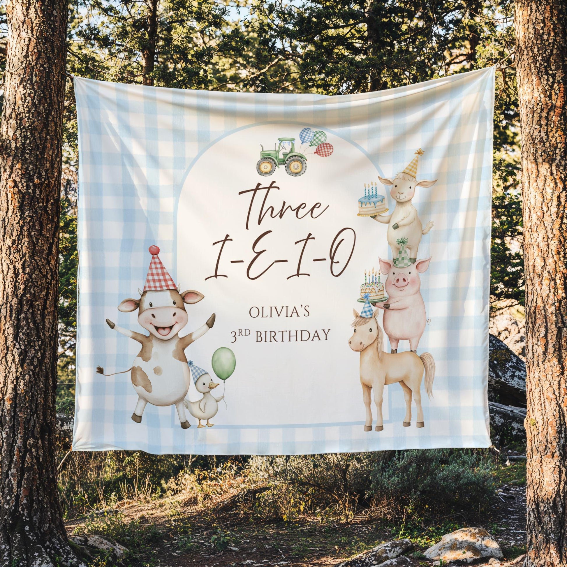 Three I E I O Farm Birthday Personalized Banner 3rd Birthday Farm Animals Party Decor Photo Backdrop Barnyard Custom Sign