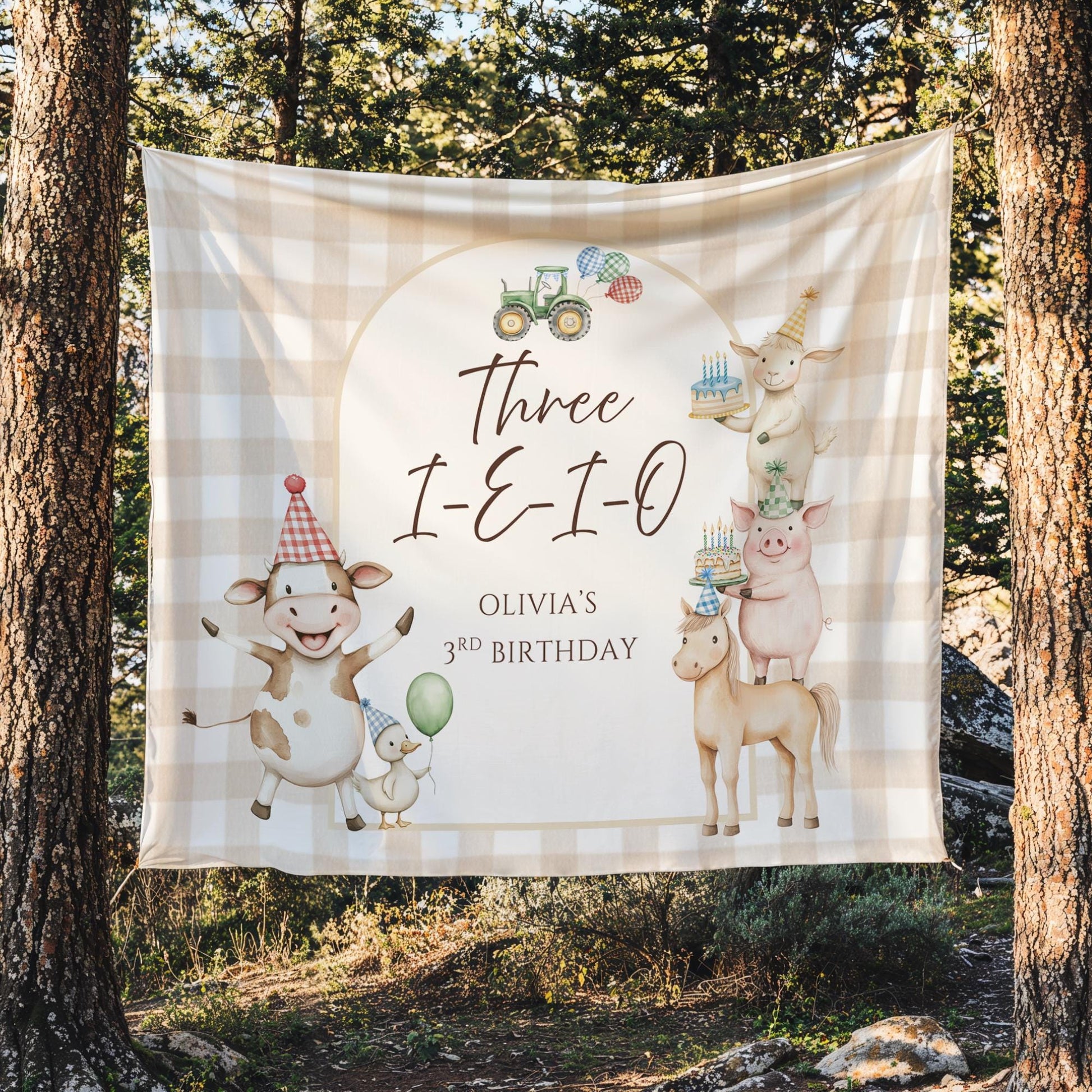 Three I E I O Farm Birthday Personalized Banner 3rd Birthday Farm Animals Party Decor Photo Backdrop Barnyard Custom Sign