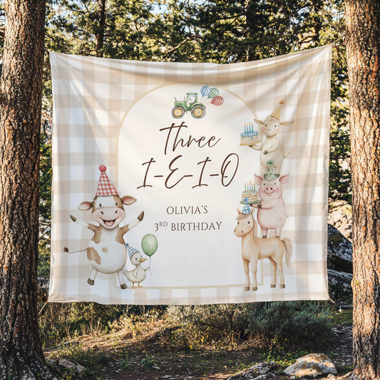 Three I E I O Farm Birthday Personalized Banner 3rd Birthday Farm Animals Party Decor Photo Backdrop Barnyard Custom Sign