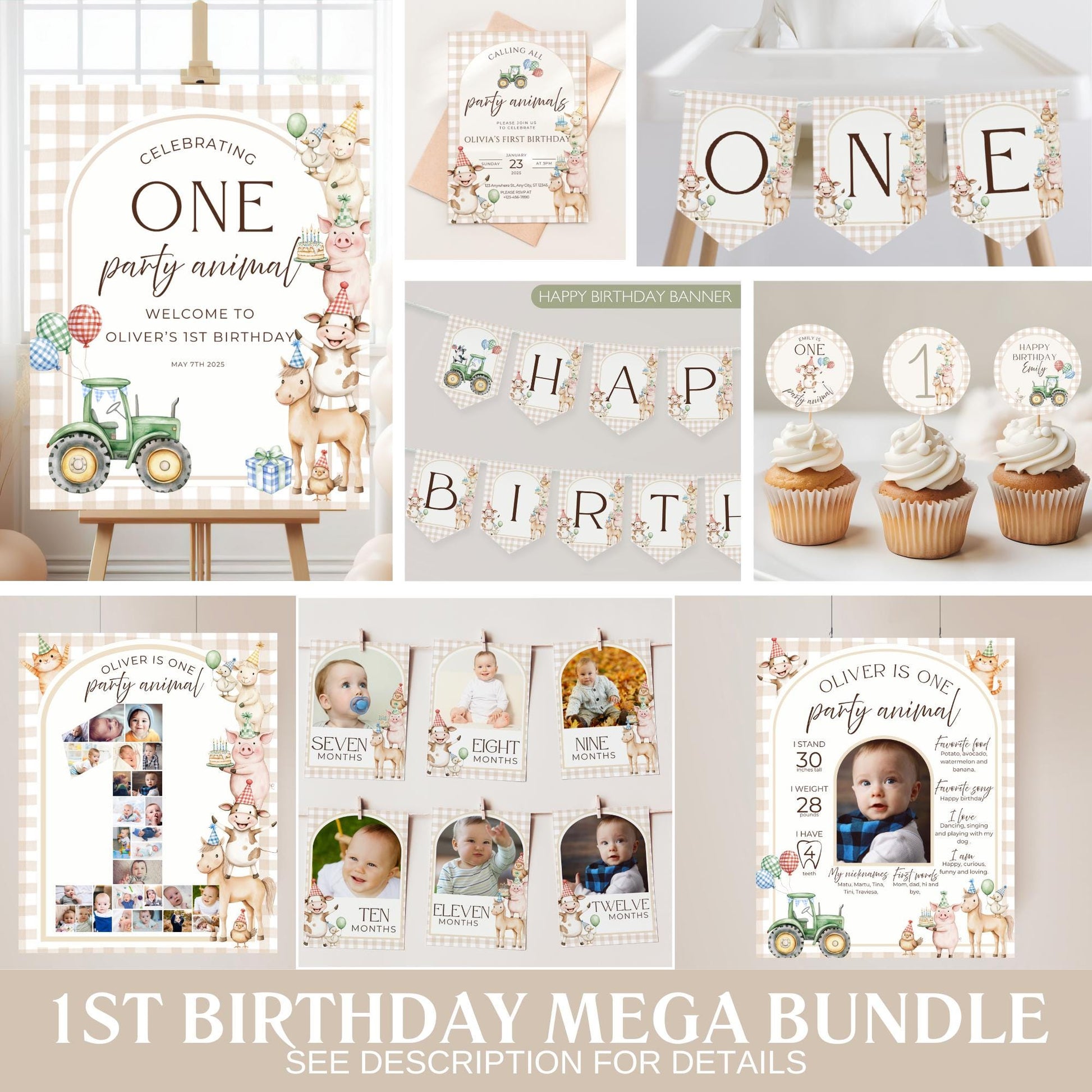 Farm Birthday Invite Barnyard First Birthday Party Decor Party Animals 1st Birthday Bundle Farm Animal Theme Party Country Birthday Decor