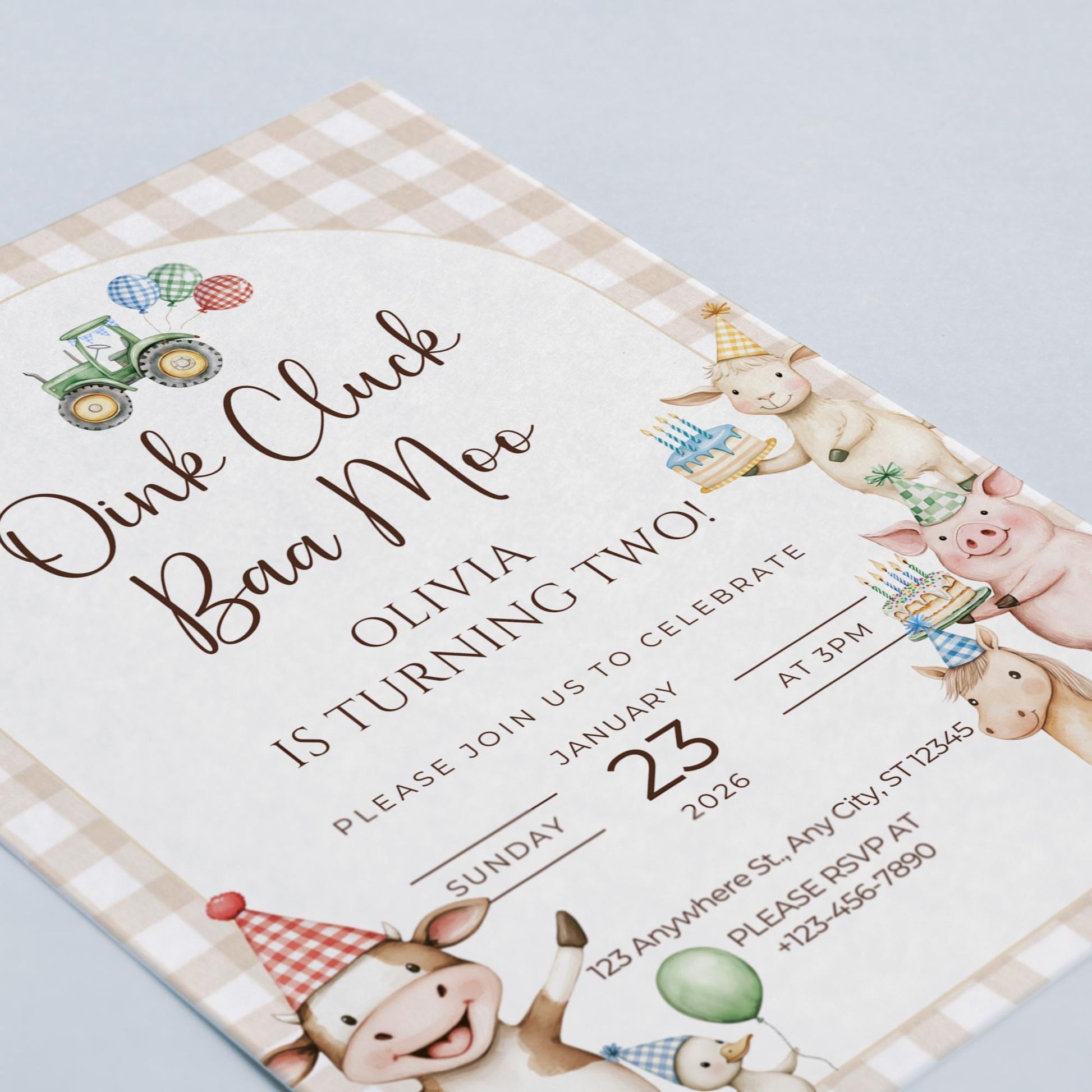 Oink Baa Moo Turning Two Birthday Invitation Editable Farm Animal Party Invite Barnyard Pig Cow Sheep Tractor Template 2nd Birthday Evite