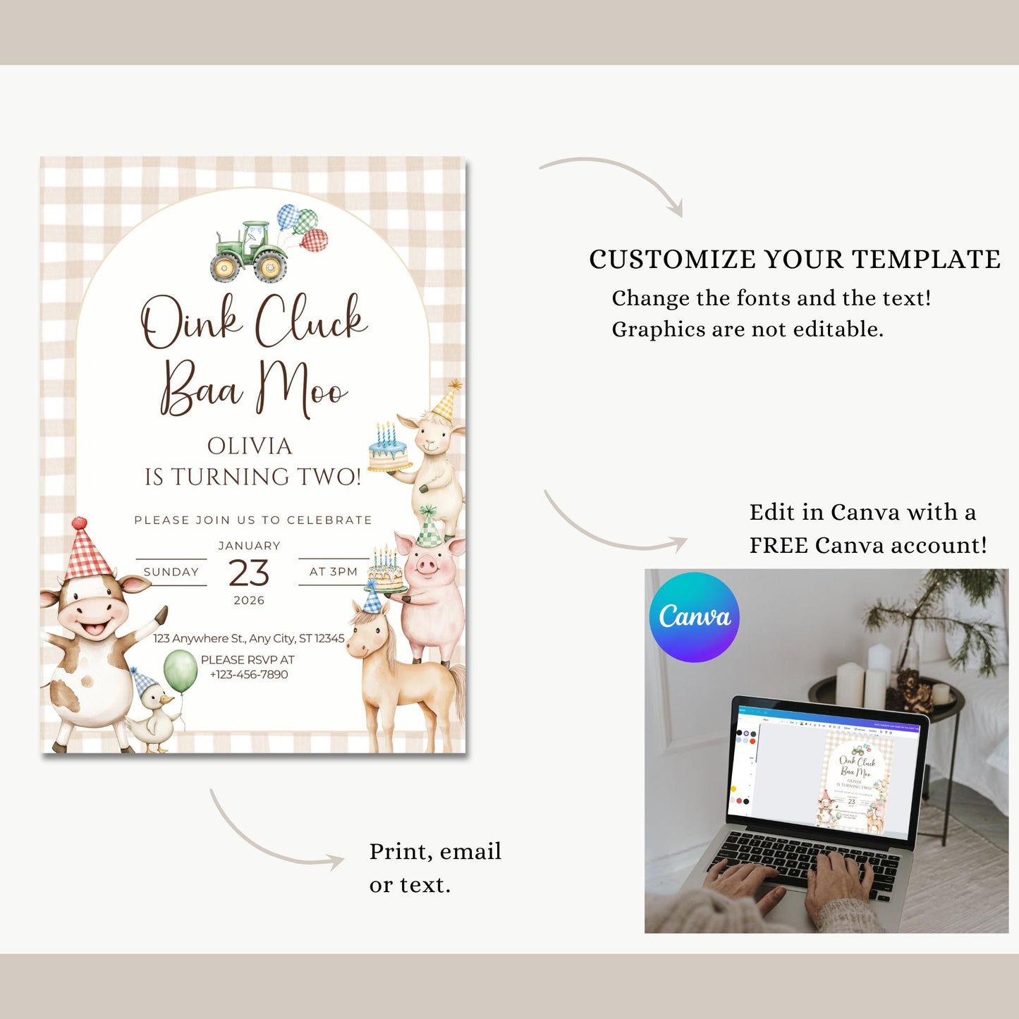 Oink Baa Moo Turning Two Birthday Invitation Editable Farm Animal Party Invite Barnyard Pig Cow Sheep Tractor Template 2nd Birthday Evite