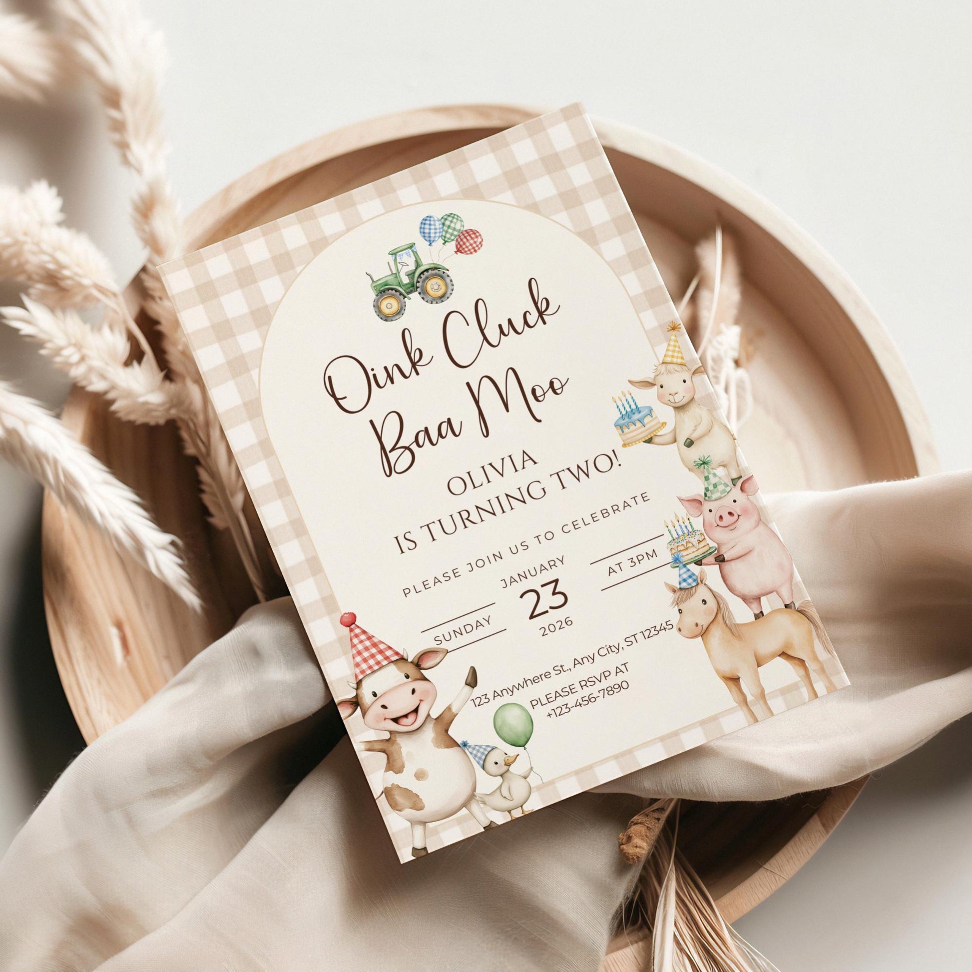 Oink Baa Moo Turning Two Birthday Invitation Editable Farm Animal Party Invite Barnyard Pig Cow Sheep Tractor Template 2nd Birthday Evite