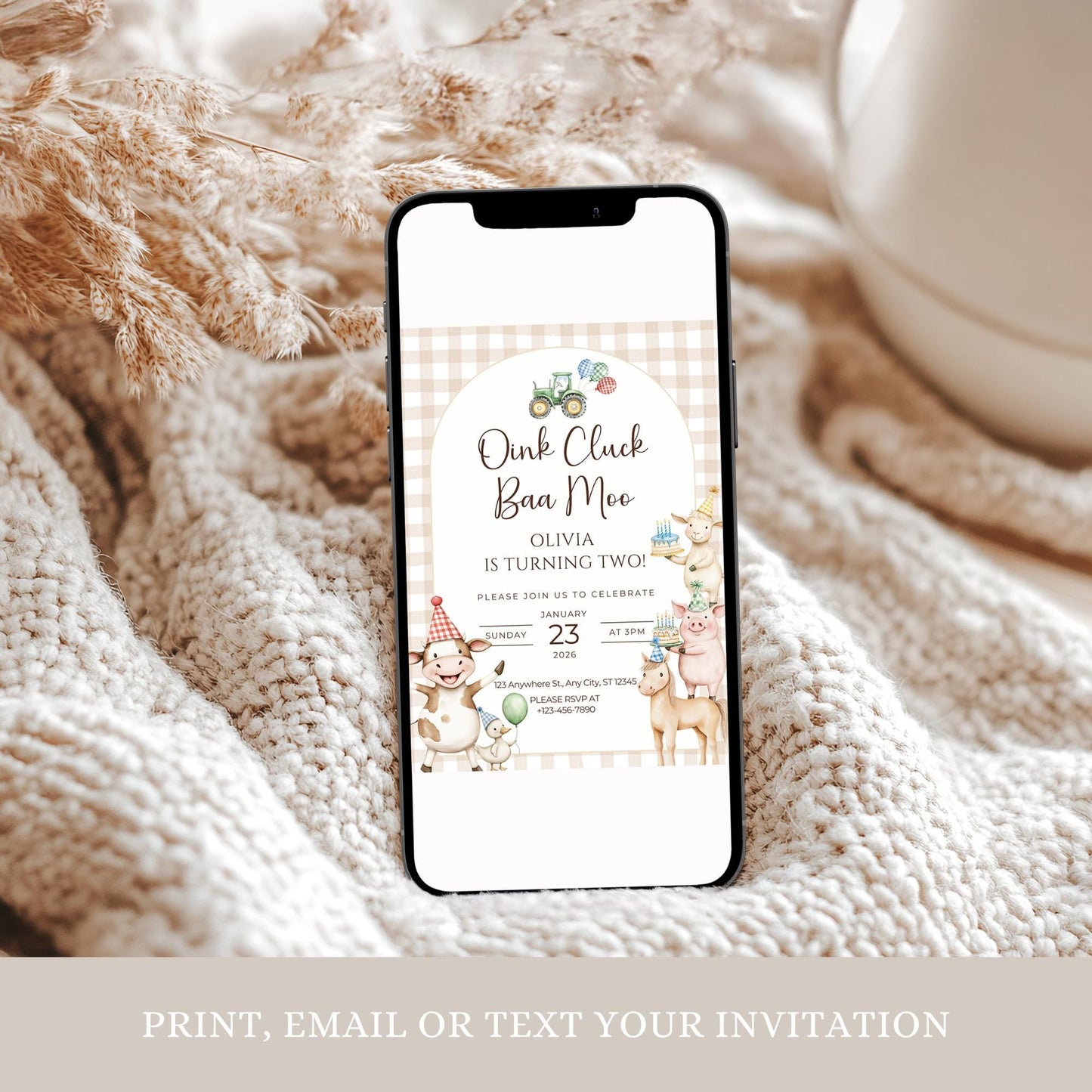 Oink Baa Moo Turning Two Birthday Invitation Editable Farm Animal Party Invite Barnyard Pig Cow Sheep Tractor Template 2nd Birthday Evite