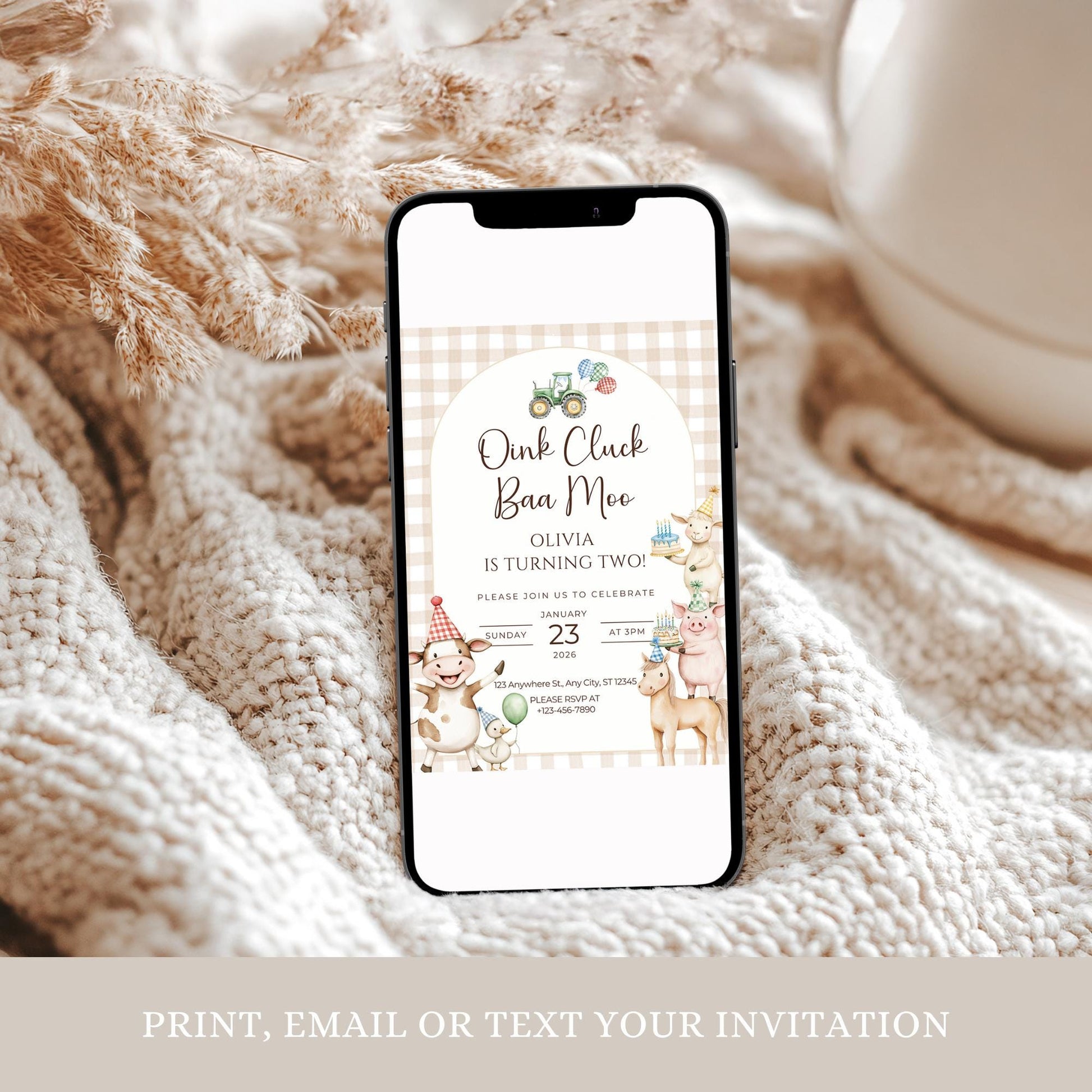 Oink Baa Moo Turning Two Birthday Invitation Editable Farm Animal Party Invite Barnyard Pig Cow Sheep Tractor Template 2nd Birthday Evite