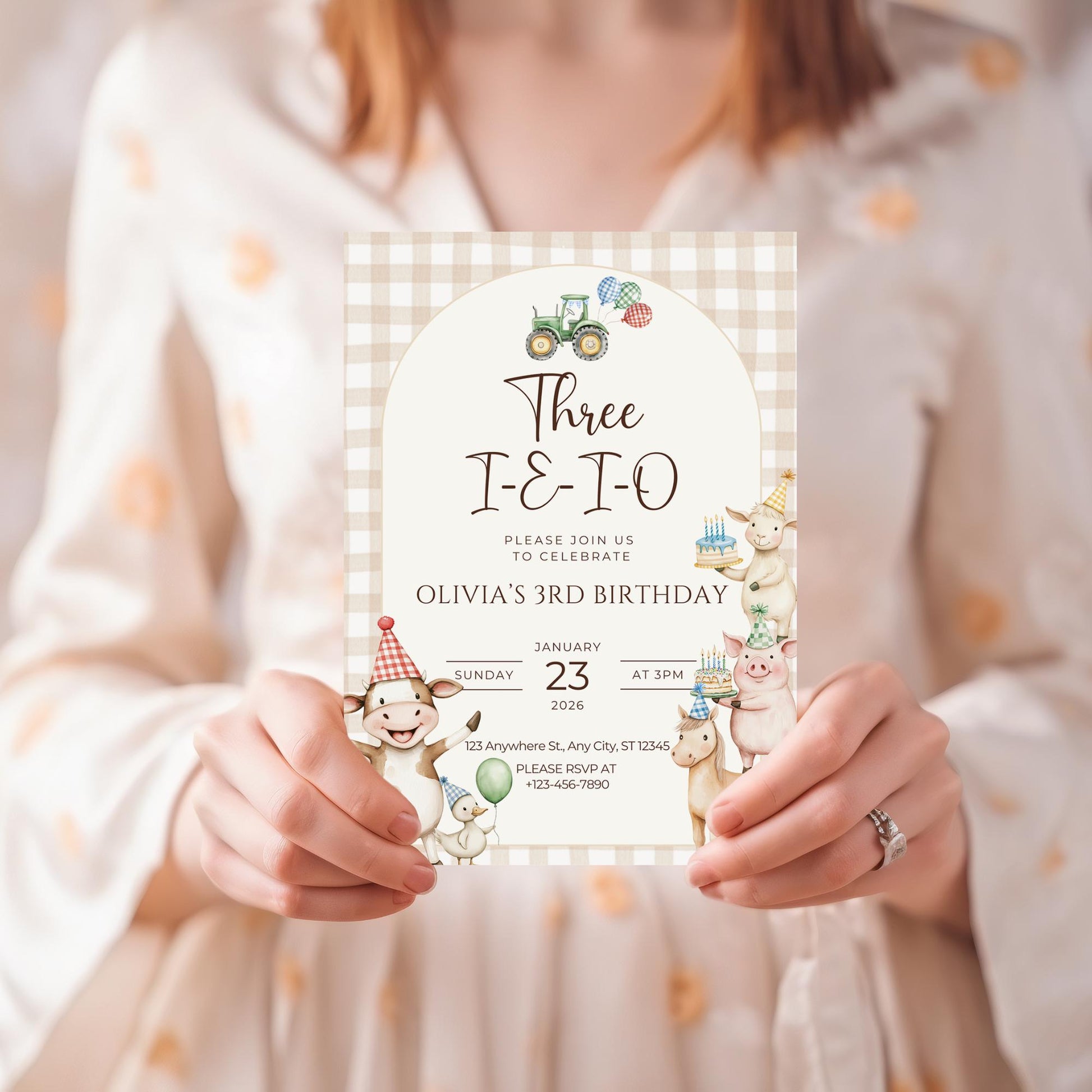 Three I E I O Birthday Invitation Editable Farm Animal Party Invite Barnyard Third birthday Tractor Template 3rd Birthday Evite