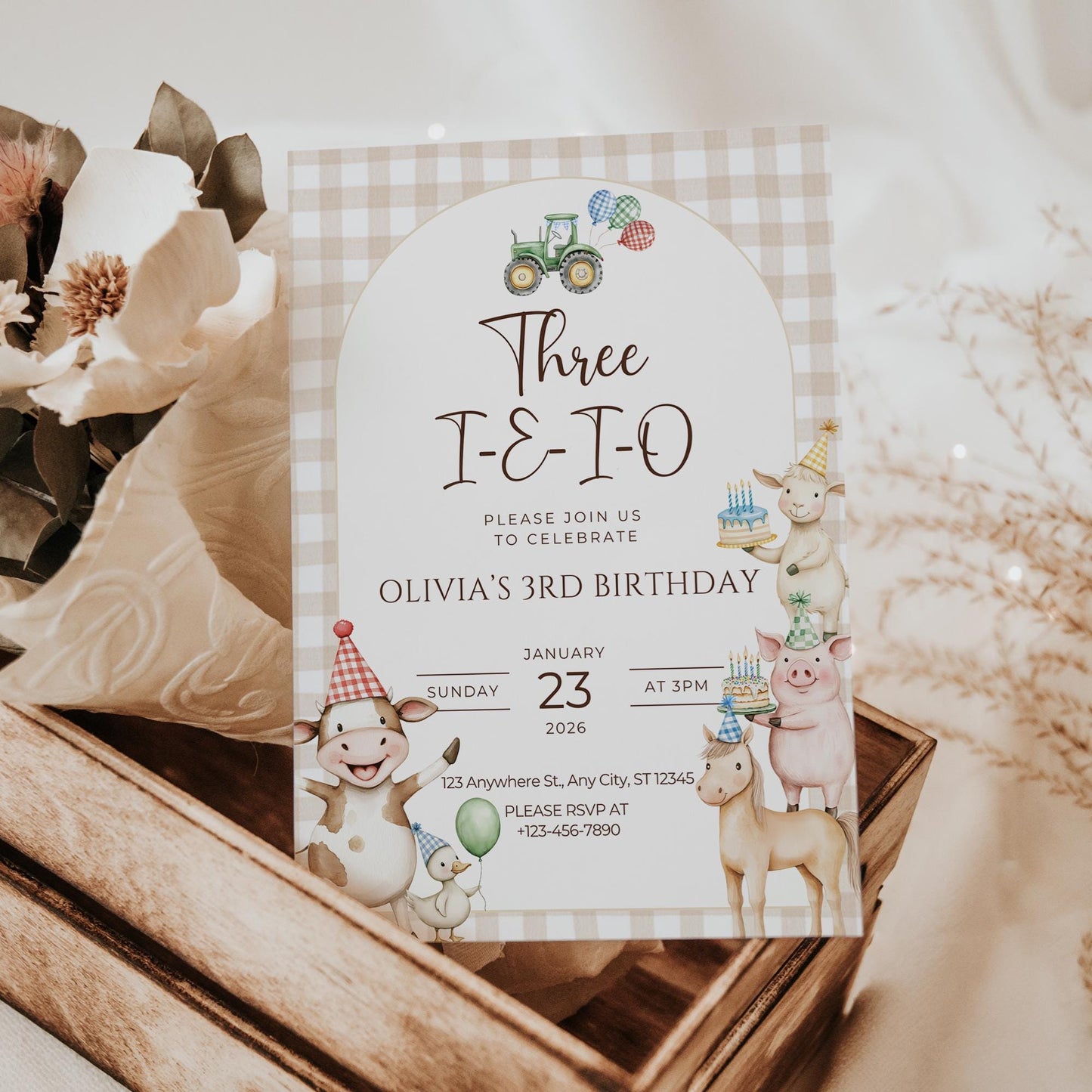 Three I E I O Birthday Invitation Editable Farm Animal Party Invite Barnyard Third birthday Tractor Template 3rd Birthday Evite