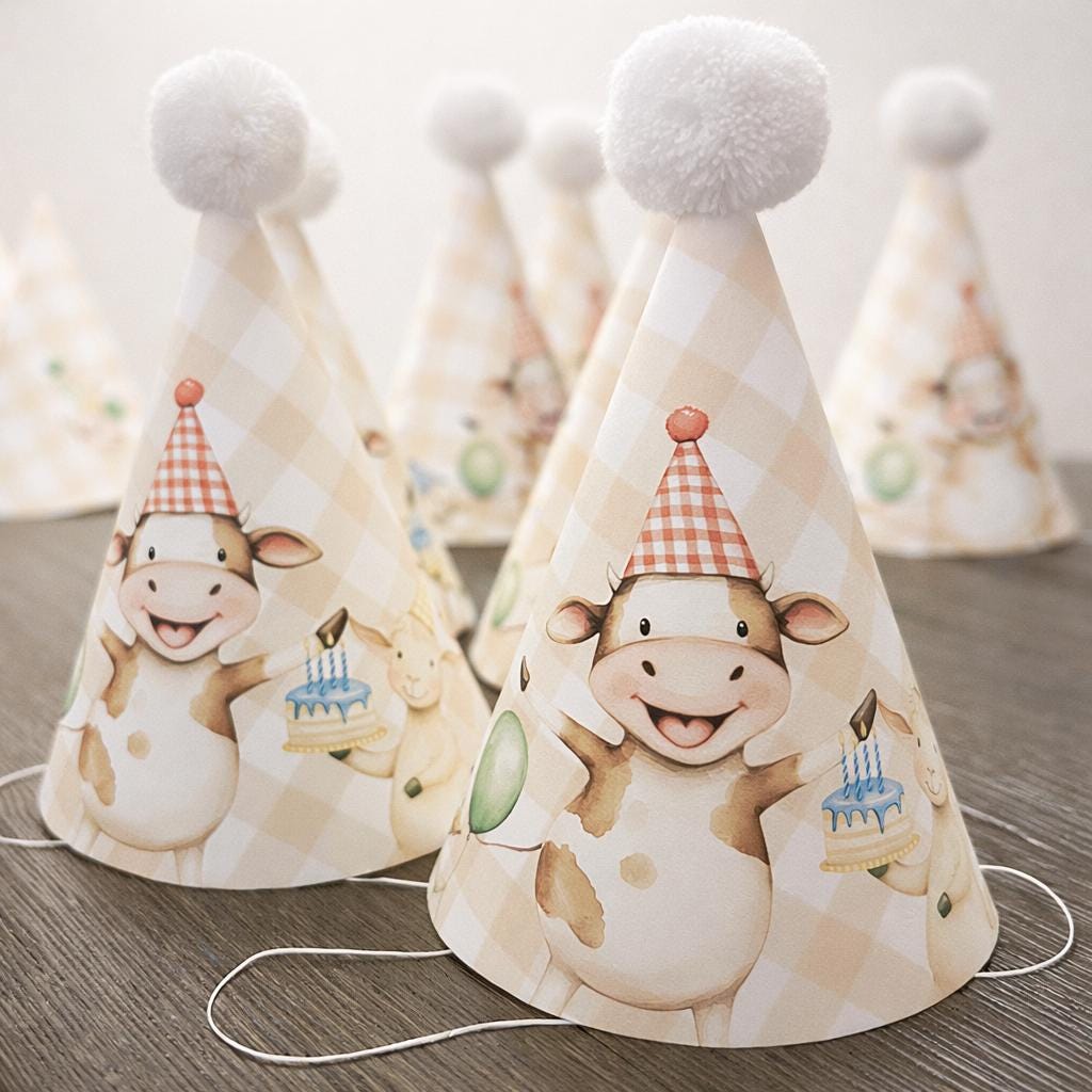 Farm Animal Party Hats Printable Birthday Decorations for Kids Party Animals Birthday Hat Instant Download Barnyard First Birthday Decor