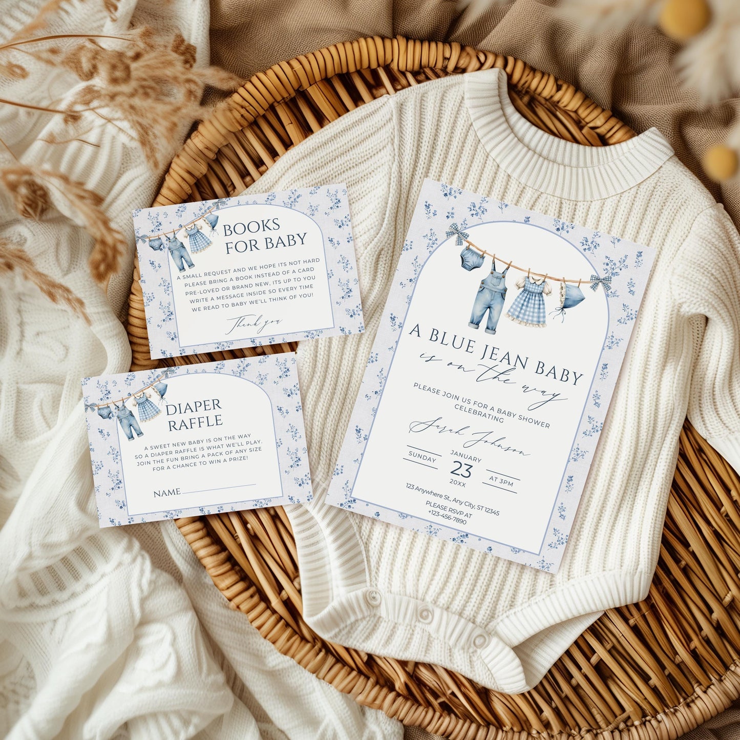 Blue Jean Baby Shower Invitation Books for Baby Diaper Raffle Floral Baby Sprinkle Invite Denim Baby Shower Cowboy Baby Shower