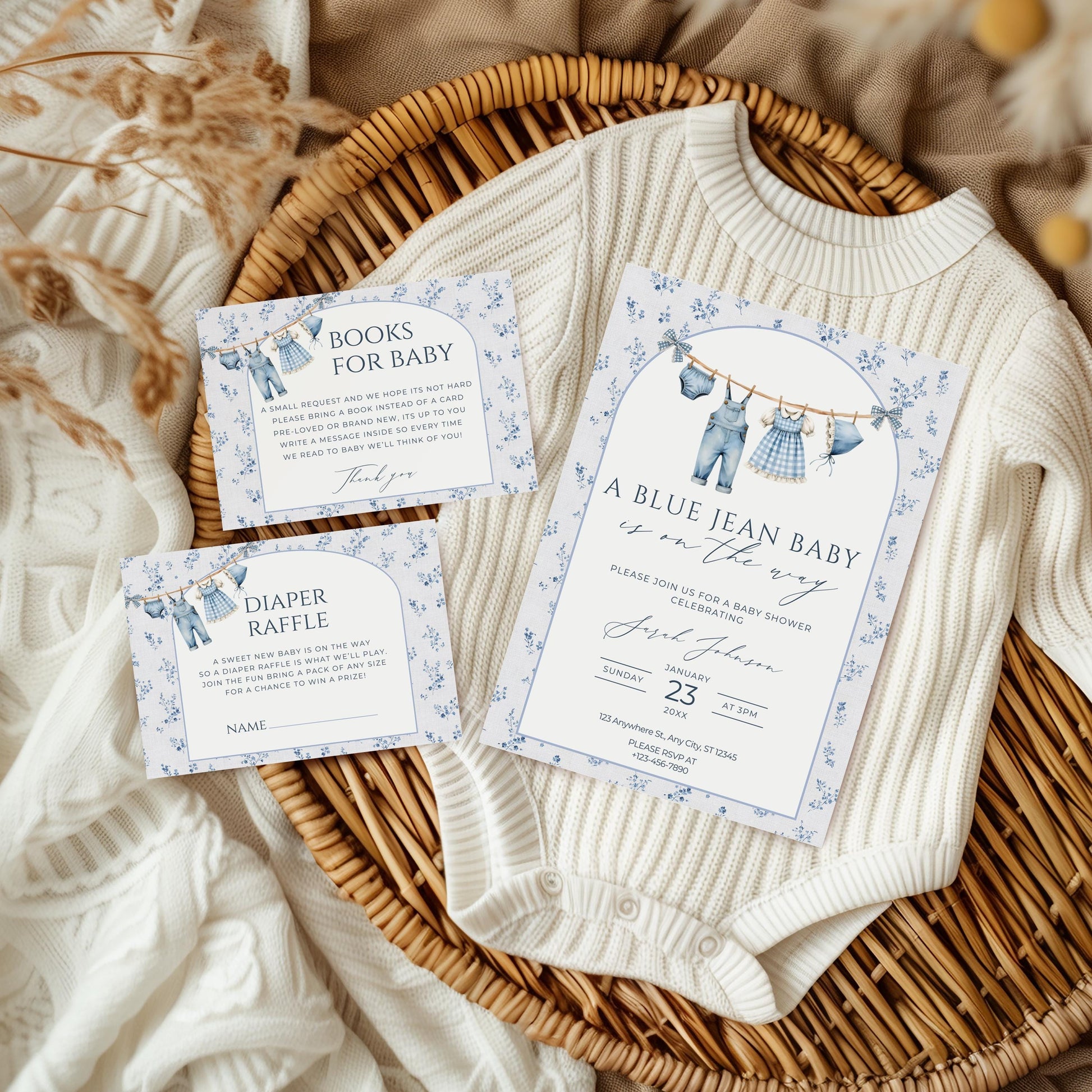 Blue Jean Baby Shower Invitation Books for Baby Diaper Raffle Floral Baby Sprinkle Invite Denim Baby Shower Cowboy Baby Shower